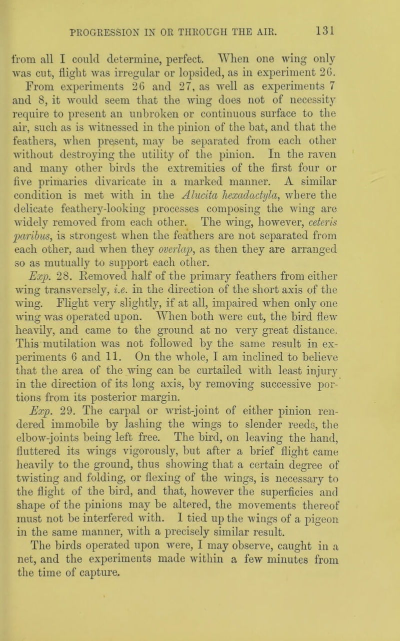 from all I could determine, perfect. When one wing only was cut, flight was irregular or lopsided, as in experiment 2C. From experiments 26 and 27, as Avell as experiments 7 and 8, it would seem that the wing does not of necessity recpiire to present an unbroken or continuous surface to the air, such as is witnessed in the pinion of the bat, and that the feathers, when present, may be separated from each other Avithout destroying the utility of the pinion. In the raven and many other birds the extremities of the first four or five primaries divaricate in a marked manner. A similar condition is met Avith in the Alucita liexadactyla, Avhere the delicate featherydooking processes composing the Aving are Avidely removed from each other. The Aving, hoAvevei’, ceteris paribus, is strongest Avhen the feathers are not separated from each other, and Avhen they overlap, as then they are arranged so as mutually to support each other. Exp. 28. Removed half of the primary feathers from either AAung transA'ersely, i.e. in the direction of the short axis of the Aving. Flight very slightly, if at all, impaired Avhen only one Aving Avas operated upon. When both Avere cut, the bird flcAv heavily, and came to the ground at no very great distance. This mutilation Avas not folloAved by the same result in ex- periments 6 and 11. On the Avhole, I am inclined to believe that the area of the Aving can be curtailed Avith least injury in the direction of its long axis, by removing successive por- tions from its posterior margin. Exp. 29. The carpal or A\Tist-joint of either pinion ren- dered immobile by lashing the Avings to slender reeds, the elboAV-joints being left free. The bird, on leaving the hand, fluttered its Avings vigorously, but after a brief flight came heavily to the ground, thus shoAving that a certain degree of twisting and folding, or flexing of the Avings, is necessary to the flight of the bird, and that, hoAvever the superficies and shape of the pinions may be altered, the movements thereof must not be interfered Avith. 1 tied up the Avings of a pigeon in the same manner, Avith a precisely similar result. The birds operated upon Avere, I may observe, caught in a net, and the experiments made Avithin a few minutes from the time of capture.