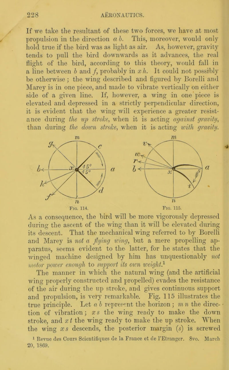 If we take tlie resultant of these two forces, we liave at most propulsion in the direction a h. This, moreover, would only hold true if the bird was as light as air. As, however, gravity tends to pull the bird downwards as it advances, the real Higlit of the bird, according to this theory, would hill in a line between h and /, probably in xh. It could not possibly be otherwise; the wing described and figured by Borelli and i\Iarey is in one piece, and made to vibrate vertically on either side of a given line. If, however, a wdng in one'piece is elevated and depressed in a strictly perpendicular direction, it is evident that the wung will experience a greater resist- ance during the up stroke, when it is acting against graviti/, than during the dcncn stroke, when it is acting with gravity. m As a consequence, the bird will be more vigorously depressed during the ascent of the wdng than it will be elevated during its descent. That the mechanical wing referred to by Borelli and Marey is not a flying icing, but a mere propelling ap- paratus, seems evident to the latter, for he states that the Avinged machine designed by him has unquestionably not motor 2)0iver enough to sugipiort its oicn iceight} The manner in Avhich the natural Aving (and the artificial Aving properly constructed and propelled) eA-ades the resistance of the air during the up stroke, and gives continuous support and propulsion, is A^ery remarkable. Fig. 115 illustrates the true principle. Let a h represent the horizon ; ni n the direc- tion of Aubration; xs the Aving ready to make the doAvn stroke, and xt the Aving ready to make the up stroke. When the wing xs descends, the posterior margin (s) is screAved 1 Revue des Cours Scieiitifiques de la France et de I’Etranger. 8vo. March 20, 1869.