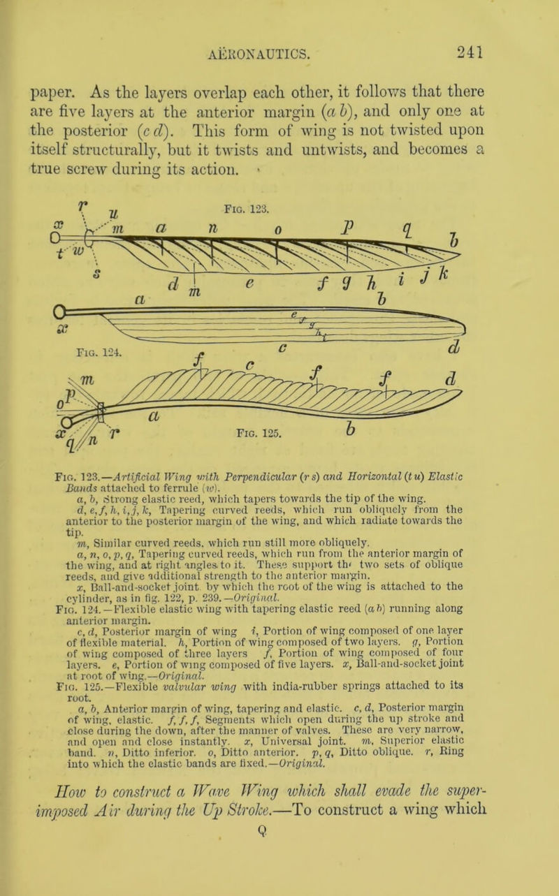 paper. As the layers overlap each other, it follov/s that there are five layers at the anterior margin {a h), and only one at the posterior (cd). This form of wing is not twisted upon itself structurally, but it twists and untwists, and becomes a true screw during its action. • Fio. 123.—Artificial Wing with Perpendicular (r s) and Horizontal (tu) Elastic Bands attached to ferrule (ic). a, b, Strong elastic reed, which tapers toward.s the tip of the wing. d, e,f,h,i,,j,k, Tapering curved reeds, which run obliciucly from the anterior to tiie posterior margin of the wing, and which radiate towai’ds the tip. m, Similar curved reeds, which run still more obliquely. a, n, 0, p, q. Tapering curved reeds, which run from the anterior margin of the wing, and at right angles to it. These support th< two sets of oblique reeds, and give additional .strength to the anterior raai'gin. X, Ball-and-socket joint by which the root of the wing is attached to the cylinder, as in fig. 122, p. 239. —Original. Fio. 124.—Flexible elastic wing with tapering elastic reed (ah) running along anterior margin. c, d, Posterior margin of wing i, Portion of wing compo.sed of one layer of flexible material, h, Portion of wing composed of two layers, g, Portion of wing composed of three layers /, Portion of wing composed of four layers, e. Portion of wing composed of five layers, x. Ball-and-socket joint at root of wing.—Original. Fio. 125.—Flexible valvidar wing with india-rubber springs attached to its root. a, b. Anterior margin of wing, tapering and elastic, c, d. Posterior margin of wing, elastic. /, /, /, Segments which open during the up stroke and close during the down, after the manner of valves. These are very narrow, and open and close instantly, x, Universal joint, m, Superior elastic hand. «, Ditto inferior, o. Ditto anterior, p, q, Ditto oblique, r. Ring into which the clastic bands are tixed.—Original. How to construct a JFave Wing which shall evade the super- imposed Air during the Up Stroke.—To construct a wing which Q