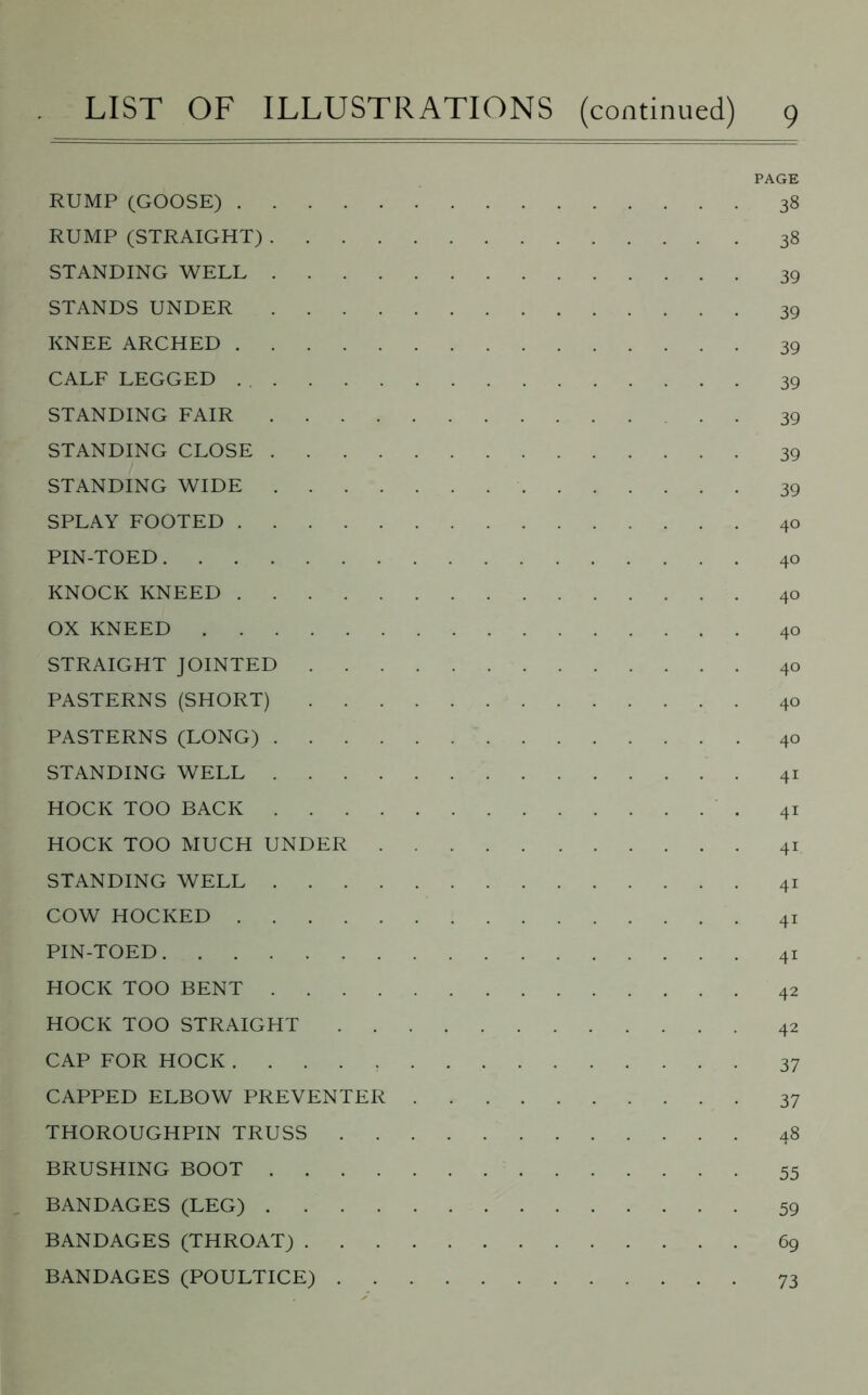 PAGE RUMP (GOOSE) 38 RUMP (STRAIGHT) 38 STANDING WELL 39 STANDS UNDER 39 KNEE ARCHED 39 CALF LEGGED 39 STANDING FAIR . . 39 STANDING CLOSE 39 STANDING WIDE 39 SPLAY FOOTED 40 PIN-TOED 40 KNOCK KNEED 40 OX KNEED 40 STRAIGHT JOINTED 40 PASTERNS (SHORT) 40 PASTERNS (LONG) 40 STANDING WELL 41 HOCK TOO BACK 41 HOCK TOO MUCH UNDER 41 STANDING WELL 41 COW HOCKED 41 PIN-TOED 41 HOCK TOO BENT 42 HOCK TOO STRAIGHT 42 CAP FOR HOCK 37 CAPPED ELBOW PREVENTER 37 THOROUGHPIN TRUSS 48 BRUSHING BOOT 55 BANDAGES (LEG) 59 BANDAGES (THROAT) 69 BANDAGES (POULTICE) 73