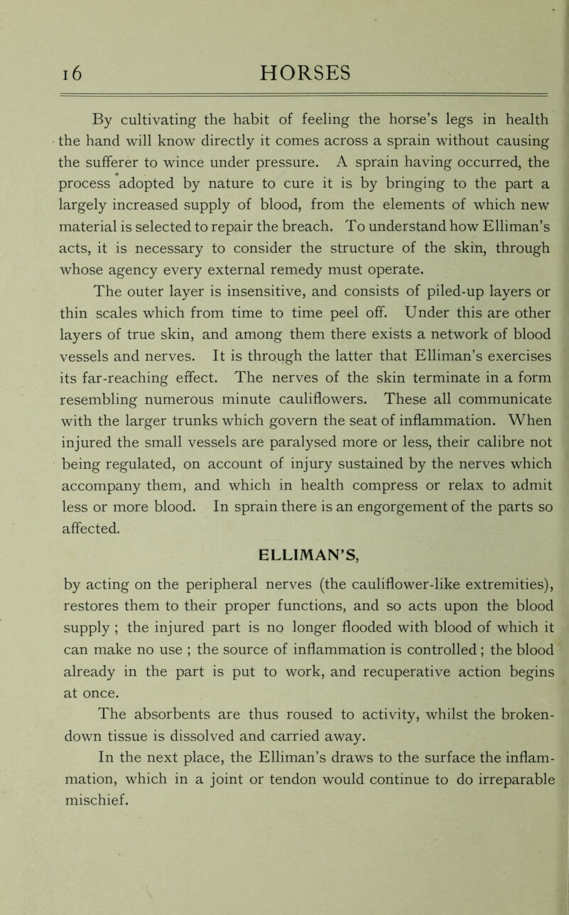 By cultivating the habit of feeling the horse’s legs in health the hand will know directly it comes across a sprain without causing the sufferer to wince under pressure. A sprain having occurred, the process adopted by nature to cure it is by bringing to the part a largely increased supply of blood, from the elements of which new material is selected to repair the breach. To understand how Elliman’s acts, it is necessary to consider the structure of the skin, through whose agency every external remedy must operate. The outer layer is insensitive, and consists of piled-up layers or thin scales which from time to time peel off. Under this are other layers of true skin, and among them there exists a network of blood vessels and nerves. It is through the latter that Elliman’s exercises its far-reaching effect. The nerves of the skin terminate in a form resembling numerous minute cauliflowers. These all communicate with the larger trunks which govern the seat of inflammation. When injured the small vessels are paralysed more or less, their calibre not being regulated, on account of injury sustained by the nerves which accompany them, and which in health compress or relax to admit less or more blood. In sprain there is an engorgement of the parts so affected. ELLIMAN’S, by acting on the peripheral nerves (the cauliflower-like extremities), restores them to their proper functions, and so acts upon the blood supply ; the injured part is no longer flooded with blood of which it can make no use ; the source of inflammation is controlled; the blood already in the part is put to work, and recuperative action begins at once. The absorbents are thus roused to activity, whilst the broken- down tissue is dissolved and carried away. In the next place, the Elliman’s draws to the surface the inflam- mation, which in a joint or tendon would continue to do irreparable mischief.