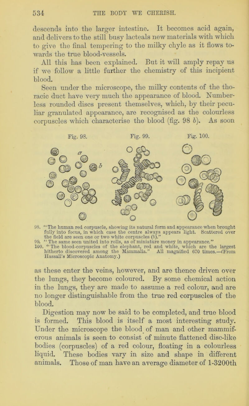 descends into the larger intestine. It becomes acid again, and delivers to the still busy lacteals new materials with which to give the final tempering to the milky chyle as it flows to- wards the true blood-vessels. All this has been explained. But it will amply repay us if we follow a little further the chemistry of this incipient blood. Seen under the microscope, the milky contents of the tho- racic duct have very much the appearance of blood. Number- less rounded discs present themselves, which, by their pecu- liar granulated appearance, are recognised as the colourless corpuscles which characterise the blood (fig. 98 b). As soon Fig. 98. Fig. 99. Fig. 100. 9S. “The human red corpuscle, showing its natural form and appearance when brought fully into focus, in which case the centre always appears light. Scattered over the field are seen one or two white corpuscles (i)).” 99. “ The same seen united into rolls, as of miniature money in appearance.” 100. “The l)lood-cori)uscles of the elephant, red and white, wliich are the largest hitherto discovered among the Mammalia.” All magnified 670 times.—fFrom Hassall’s Microscopic Anatomy.) as these enter the veins, however, and are thence driven over the lungs, they become coloured. By some chemical action in the lungs, they are made to assume a red colour, and are no longer distinguishable from the true red corpuscles of the blood. Digestion may now be said to be completed, and true blood is formed. This blood is itself a most interesting study. Under the microscope the bloody of man and other mammif- erous animals is seen to consist of minute flattened disc-like bodies (corpuscles) of a red colour, floating in a colourless liquid. These bodies vary in size and shape in different animals. Those of man have an average diameter of l-3200th