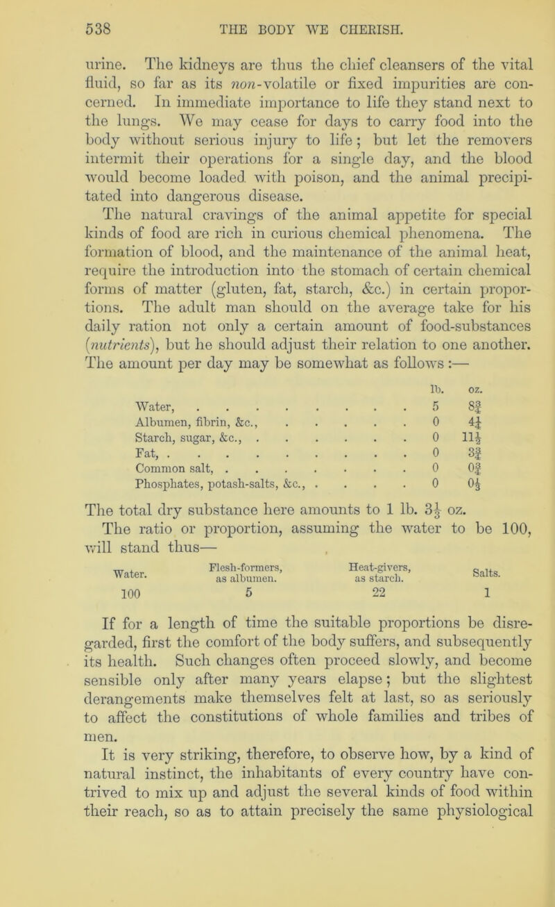 urine. The kidneys are thus the chief cleansers of the vital fluid, so far as its non-volatile or fixed impurities are con- cerned. In immediate importance to life they stand next to the lungs. We may cease for days to carry food into the body without serious injuiy to life; but let the removers intermit their operations for a single day, and the blood would become loaded, with poison, and the animal precipi- tated into dangerous disease. The natural cravings of the animal appetite for special kinds of food are rich in curious chemical phenomena. The formation of blood, and the maintenance of the animal heat, require the introduction into the stomach of certain chemical forms of matter (gluten, fat, starch, &c.) in certain propor- tions. The adult man should on the average take for his daily ration not only a certain amount of food-substances [nutrients), but he shoiild adjust their relation to one another. The amount per day may be somewhat as foUoAvs :— lb. oz. Water, 5 8f Albumen, fibrin, &c., 0 4J Starch, sugar, &c., 0 11^ Eat, 0 Common salt, 0 Of Phosphates, potash-salts, &c., .... 0 0^ The total dry substance here amounts to 1 lb. 3^- oz. The ratio or proportion, assuming the water to be 100, v.-ill stand thus— Water. 100 Flesli-formers, as albumen. 5 Heat-givers, as starch. 22 Salts. 1 If for a length of time the suitable proportions be disre- garded, first the comfort of the body suffers, and subsequently its health. Such changes often proceed slowly, and become sensible only after many years elapse; but the slightest derangements make themselves felt at last, so as seriously to affect the constitutions of whole families and tribes of men. It is very striking, therefore, to observe how, by a kind of natural instinct, the inhabitants of every country have con- trived to mix up and adjust the several kinds of food within their reach, so as to attain precisely the same physiological