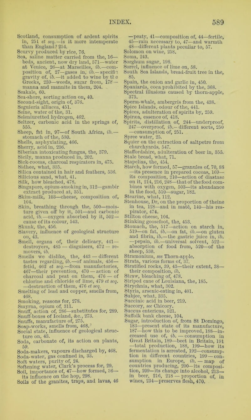 Scotland, consumption of ardent spirits in, ‘251 et seq.—is it more intemperate than England ? 254. Scurvy produced hy rice, 76. Sea, saline matter carried from the, 16— beds, ancient, now dry land, 571—water at Venice, 26—at Mameilles, ib.—com- position of, 27—gases in, ih.— specili gravity of, ib.—it added to wine by tl e Greeks, 259—weeds, sugar from, I7f — manna and mauuite in them, 204. Seakale, 60. Sea-shore, sorting action on, 40. Second-siglit, origin of, 376. Seguieria alliacea, 451. Seine, water of the, 31. Seleniuretted hydrogen, 462. Seltzer, carbonic acid in the springs of, 555. Sheep, fht in, 97—of South Africa, ib.—■ stomach of the, 530. Shells, asphyxiating, 466. Sherry, acid in, 236. Siberian into.xicating fungus, the, 379. Sicily, manna luoduced in, 202. Sick-rooms, charcoal respirators in, 475. Sidhee, what, 335. Silica contained in hair and feathers, 536. Silicious sand, what, 41. Silk, how bleached, 478. Singapore, opium-smoking in, 312—gambir extract produced at, 351. Skim-milk, 103—cheese, composition of, 104. Skin, breathing through the, 500—mois- ture given olf by it, 501—and carbonic acid, ib.—oxygen absorbed by it, 502— cause of its colour, 543. Skunk, the, 456. Slavery, influence of geological structure on, 43. Smell, organs of, their delicacy, 441— destroyers, 485 — disguisers, 472 — re- movers, ib. Smells we dislike, the, 443 — different tastes regarding, ib.—of animals, 456— fetid, 462 et seq.—from manufactories, 467—their prevention, 470 —action of charcoal and peat on them, 470 — of chlorine and chloride of lime, 479 et seq. —destruction of them, 476 et seq. Smelting of lead and copper, smells from, 468. Smoking, reasons for, 278. Smyrna, opium of, 311. Snuff, action of, 286—substitutes for, 289. Snuff-boxes of Iceland, &c., 273. Snuffs, manufacture of, 275. Soap-works, smells from, 468. ' Social state, influence of geological strac- ture on, 43. Soda, carbonate of, its action on plants, 59. Soda-makers, vapours discharged by, 468. Sotia-water, gas conlined in, 33. Soft waters, purity of, 24. Softening water, Clark’s process for, 29. Soil, importance of, 47—how formed, 36— its influence on the hop, 298. Soils of the granites, traps, and lavas, 46 —peaty, 41—composition of, 44—fertile, 45—rain necessary to, 47—and warmth 48—different plants peculiar to, 57. Solomon on wine, 258. Soma, 243. Sorghum sugar, 198. Sorrel, influence of lime on, 58. South Sea Islands, bread-fruit tree in the, 85. Spain, the onion and garlic in, 450. Spaniards, coca prohibited by the, 368. Spectral illusions caused by thorn-aiiiile, 375. Sperm-whale, ambergris from the, 438. Spice Islands, odour of the, 441. Spices, adulteration of spirits by, 259. Spir*a, essence of, 418. Spirits, distillation of, 244—underproof, 247—overproof, ib.— different sorts, 250 —consumption of, 251. Spree water, 25. St-iuier on the extraction of saltpetre from churchyards, 547. Staffordshire, adulteration of beer in, 355. Stale bread, wliat, 71. Stapelias, tlie, 454. Starch, how formed, 57—granules of, 70, 83 —its presence in prepared cocoas, 169— its composition, 210—action of diastase on it, 214, 216,248—that of thefood com- bines with oxygen, 503—its abimdance in the food, 510—sugar, 182. Stearine, what, 112. Steuhouse, Dr, on the proportion of theine in tea, 128—and in mate, 140—his res- pirator, 474. Stilton cheese, 104. Stinking goosefoot, the, 453. Stomach, the, 517—action on starch in, 519—on fat, ib.—on fat, ib.—on gluten and fibrin, ib.—the gastric juice in, ib. —pepsin, ib.—universal solvent, 522— absorption of food from, 520—of the sheep, 530. Stramonium, see Thorn-apple. Strata, various forms of, 37. Stratified rocks, 39, 43—their extent, 38— their composition, ib. Straw, bleaching of, 478. Striped cane of Louisiana, the, 185. Strychnia, what, 302. Styria, arsenic-eating in, 401. Subjee, what, 335. Succinic acid in beer, 219. Succory, see Chicory. SuGCus entericus, 521. Suffolk bank cheese, 104. Sugar, introduction of, from St Domingo, 183—present state of its manufacture, 187—how this to be improved, 188—in- creased use of, ib. — consumption in Great Britain, 189—beet in Britain, 191 —total production, 188, 199—how its fermentation is arrested, 192—consump- tion in different countries, 199 — con- sumption in Europe, ib. — map of countries producing, 200—its composi- tion, 209—its change into alcohol, 213- in beer, 216, 218 — ]iroportion of, in wines, 234—preserves flesh, 470.