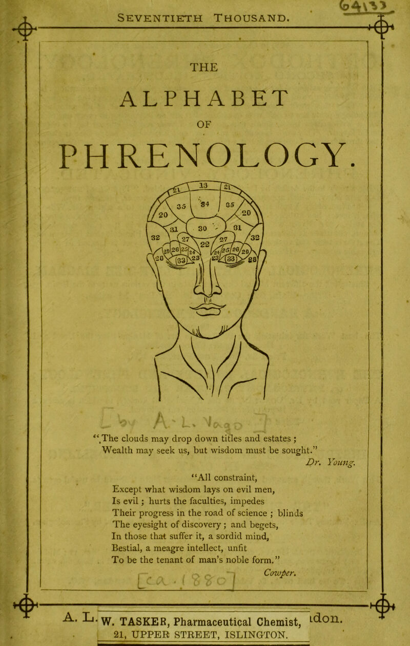 /TV- *aI7^ Seventieth Thousand. <p4\V»_ THE ALPHABET OF PHRENOLOGY. u, /\ ^ j j r } ‘.The clouds may drop down titles and estates ; Wealth may seek us, but wisdom must be sought.” Dr. Young. “All constraint, Except what wisdom lays on evil men, Is evil; hurts the faculties, impedes Their progress in the road of science ; blinds The eyesight of discovery ; and begets, In those that suffer it, a sordid mind, Bestial, a meagre intellect, unfit To be the tenant of man’s noble form.” fCA Tl c”*r- A. L-w. TASKER, Pharmaceutical Chemist, L(^011< 21, UPPER STREET, ISLINGTON.