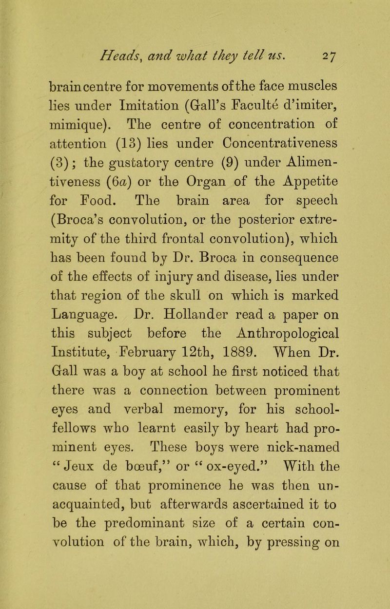 brain centre for movements of the face muscles lies under Imitation (Gall’s Faculte d’imiter, mimique). The centre of concentration of attention (13) lies under Concentrativeness (3); the gustatory centre (9) under Alimen- tiveness (6u) or the Organ of the Appetite for Food. The brain area for speech (Broca’s convolution, or the posterior extre- mity of the third frontal convolution), which has been found by Dr. Broca in consequence of the effects of injury and disease, lies under that region of the skull on which is marked Language. Dr. Hollander read a paper on this subject before the Anthropological Institute, February 12th, 1889. When Dr. Gall was a boy at school he first noticed that there was a connection between prominent eyes and verbal memory, for his school- fellows who learnt easily by heart had pro- minent eyes. These boys were nick-named “Jeux de boeuf,” or “ ox-eyed.” With the cause of that prominence he was then un- acquainted, but afterwards ascertained it to be the predominant size of a certain con- volution of the brain, which, by pressing on