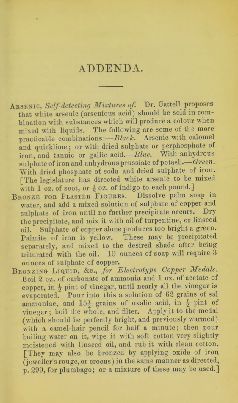 ADDENDA. Arsknic, Self-deteclbig Mixtures of. Dr. Cattell proposes that white arsenic (arsenious acid) sliould be sold in com- bination with substances which will produce a colour when mixed with liquids. The following are some of the more practicable combinations:—Black. Arsenic with calomel and quicklime; or with dried sulphate or perphosphate of iron, and tannic or gallic acid.—Blue. With anhydrous sulphate of iron and anhydrous prussiate of potash.—Green. With dried phosphate of soda and dried sulphate of iron. [The legislature has directed white arsenic to be mixed with 1 oz. of soot, or ^ oz. of indigo to each pound.] Bronze for Plaster Figures. Dissolve palm soap in water, and add a mixed solution of sulphate of copper and sulphate of iron until no further precipitate occurs. Dry the precipitate, and mix it with oil of turpentine, or linseed oil. Sulphate of copper alone produces too bright a green. Palmite of iron is yellow. These may be precipitated separately, and mixed to the desired shade after being triturated with the oil. 10 ounces of soap will require 3 ounces of sulphate of copper. Bronzing Liquid, &c., for Electrotype Copper Medals. Boil 2 oz. of carbonate of ammonia and 1 oz. of acetate of copper, in ^ pint of vinegar, until nearly all the vinegar is evaporated. Pour into this a solution of 02 grains of sal ammoniac, and 10^ grains of oxalic acid, in ^ pint of vinegar; boil the whole, and filter. Apply it to the medal (which should be perfectly bright, and previously warmed) with a camel-hair pencil for half a minute; then pour boiling water on it, wipe it with soft cotton very slightly moistened with linseed oil, and rub it with clean cotton. [They may also be bronzed by applying oxide of iron (jeweller’s rouge, or crocus) in the same manner as directed, p. 201), for plumbago; or a mixture of these may be used.]
