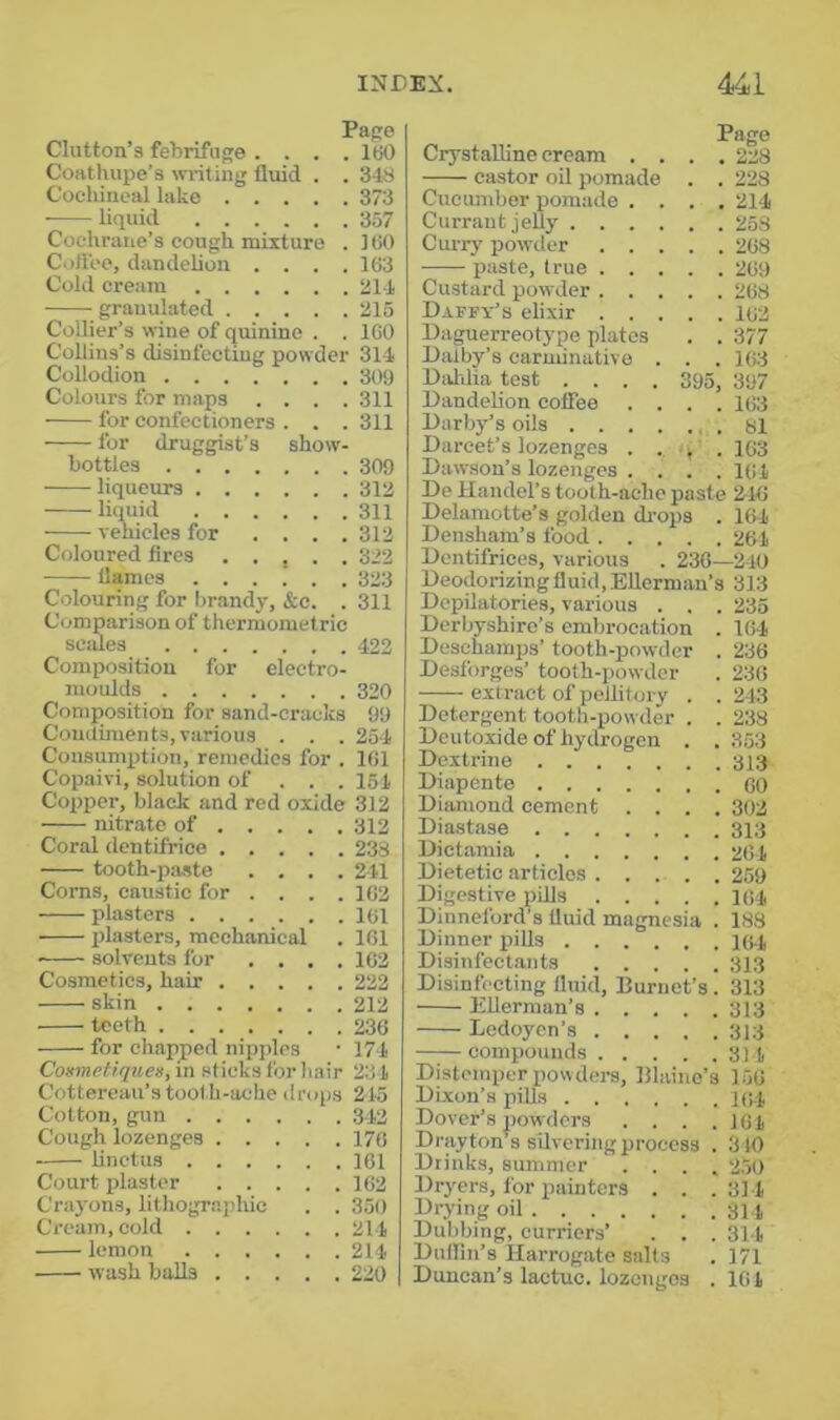 Page Glutton’s febrifuge . . . . ItiO Coatliupe’s writing fluid . . 348 Cochiiioal lake 373 liquid 357 Cochrane’s cough mixture . 100 Coflbe, dandelion .... 163 Cold cream 214 granulated 215 Collier’s wine of quinine . . 160 Collins’s disinfecting powder 314 Collodion 309 Colours for maps .... 311 for confectioners . . . 311 for druggist’s show- bottles 309 liqueurs 312 liquid 311 vehicles for . . . .312 Coloured fires . . , . . 322 flames 323 Colouring for brandy, &c. . 311 Comparison of thermometric scales .122 Composition for electro- moulds 320 Composition for sand-cracks 99 Coniiunents, various . . . 254 Consumption, remedies for . 161 Copaivi, solution of . . . 154 Copper, black and red oxide 312 nitrate of 312 Coral dentifrice 238 tooth-paste .... 241 Corns, caustic for . . . .162 plasters 161 plasters, mechanical . 161 solvents for .... 102 Cosmetics, hair 222 skin 212 teeth 236 for chapped nipples • 174 Conmetiques, in sticks for bair 234 Cottereau’s tooth-ache drops 245 Cotton, gun 342 Cough lozenges 176 linetus 161 Court plaster 162 Crayons, lithogr.aphic . . 350 Cream, cold 214 lemon 214 wash balls 220 Page Crystalline cream .... 228 castor oil pomade . . 228 Cuemnber pomade .... 214 Currant jell}' 258 Curr}' powder 268 paste, true 269 Custard powder 268 Daffy’s elixir 1U2 Daguerreotype plates . . 377 Dalby’s carminative . . . 163 Dalflia test .... 395, 397 Dandelion coffee .... 163 Darby’s oils . 81 Darcet’s lozenges . . . . 163 Dawson’s lozenges . . . . 164 De Handel’s tooth-ache paste 246 Delamotte’s golden drops . 164 Densham’s food 264 Dentifrices, various . 230—240 Deodorizing fluid, EUerman’s 313 Depilatories, various . . . 235 Derbyshire’s embrocation . 164 Deschamps’ tooth-powder . 236 Desforges’ tooth-powder . 236 extract of peUitory . . 2-13 Detergent tooth-powder . . 238 Dcutoxide of hydrogen . . 353 Dextrine 313 Diapente OO Diamond cement .... 302 Diastase 313 Dictamia 204 Dietetic articles 259 Digestive pills Ki4 Dinneford's fluid magnesia . 188 Dinner piUs 104 Disinfectants 313 Disinfecting fluid, Burnet’s. 313 Ellerman’s 313 Ledoyen’s 313 compounds 3] 4 Distemper powdei-s, Blaine’s 156 Dixon’s piUs 104 Dover’s powders .... 164 Drayton's silvering process . 310 Drinks, summer .... 250 Dryers, for painters . . .314 Drying oil 314 Dubbing, curriers’ . . . 314 Dullln’s Harrogate salts .171 Duncan’s lactuc. lozenges .164