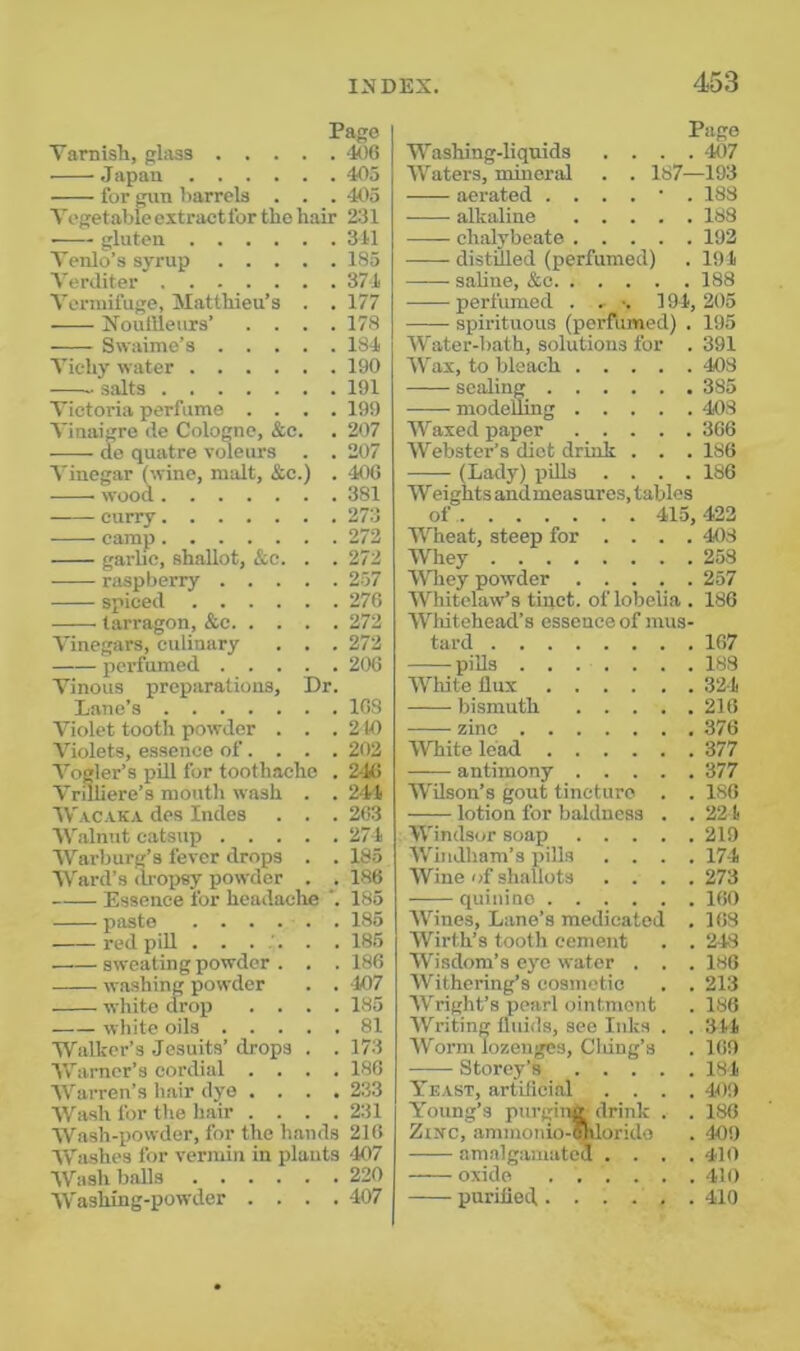 Page Tarnisli, glass 4()6 .Japan 403 for gun barrels . . . 405 Vegetable eitractfor the hair 2;J1 gluten 341 Venlo’s syrup 185 A'ercliter 374 Vermifuge, Matthieu’s . . 177 Noullleurs’ .... 178 Swaime’s 184 Vichy water 190 salts 191 Victoria perfume .... 199 Vinaigre de Cologne, &c. . 207 do quatre voleurs . . 207 Vinegar (wine, malt, &o.) . 406 wood 381 curry 273 camp 272 garlic, shallot, &c. . . 272 raspberry 257 spiced 276 —.—• tarragon, &c 272 Vinegars, culinary . . . 272 perfumed 206 Vinous preparations. Dr. Lane’s 168 Violet tooth powder . . . 2 U) Violets, essence of. . . . 202 Vogler’s pill for toothache . 2-46 Vrilliere’s mouth wash . . 241 IVacaka des Indes . . . 203 Walnut catsup 274 Warburg’s fever drops . . 185 Ward’s drojisy powder . . 186 Essence for headache *. 185 paste 185 red pill 185 sweating powder . . . 186 washing powder . . -407 white arop .... 185 white oils 81 Walker’s Jesuits’ drops . . 173 Warner’s cordial .... 186 AVarren’s hair dye .... 233 Wash for the hair .... 231 Wash-powder, for the hands 216 AVashes for vermin in plants 407 AVash balls 220 AVashing-powder .... 407 Pago Washing-liquids .... 407 AVaters, mineral . . 187—193 aerated ....’. 188 alkaline 183 —— chalybeate 192 distilled (perfumed) . 194 sahne, &c 188 perfumed . - 194, 205 spirituous (perfumed) . 195 AVater-bath, solutions for . 391 AVax, to bleach 408 scaling 385 modelling 408 Waxed paper 366 AVebster’s diet drink . . . 186 (Lady) pdls .... 186 Weights and measures, tables of 415, 422 Wheat, steep for .... 408 Whey 253 Wliey powder 257 AVhitelaw’s tinct. of lobelia . 186 AVhitehead’s essence of mus- tard 167 piUs 188 AVhite flux 324 -bismuth 216 zinc 376 AVhite lead 377 antimony 377 AA'ilson’s gout tincture . . 186 lotion for baldness . . 22 4 Windsor soap 219 AA’indham’s pills .... 17-4 AVine of shallots .... 273 quinine 160 AVines, Lane’s medicated . 163 Wirth’s tooth cement . . 248 Wisdom’s eye water . . . 186 AA'^ithering’s cosmetic . . 213 AVright’s pearl ointment . 186 AVriting fluids, see Inks . . 344 AVorm lozenges, Clung’s . 169 Storey’s 184 Yeast, artificial .... 4-09 Young’s puvginjt drink . . 186 Zinc, ammonio-^orido . 409 amalgamateu .... 410 oxide 410 purilied. • . . . . 410