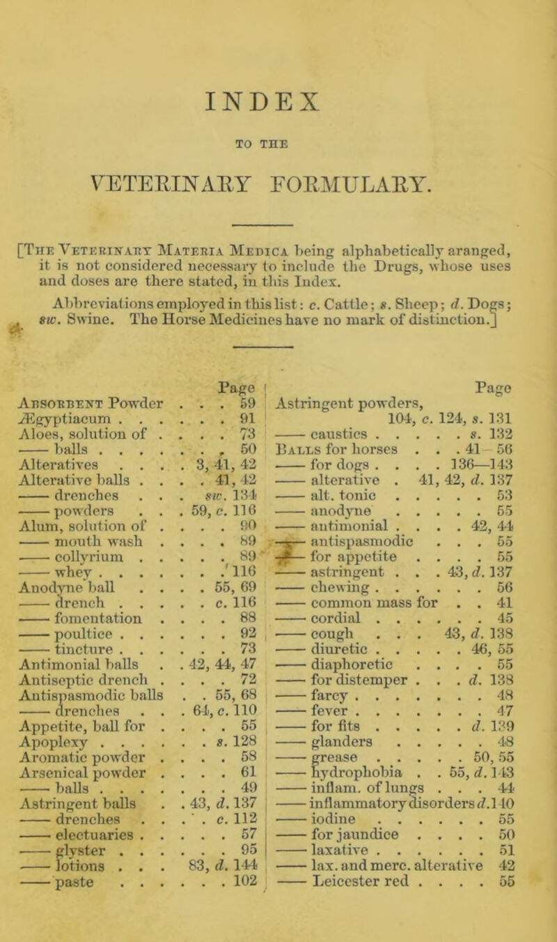 TO THE FETETIINAEY FOEMULAEY. [The Vetkrinatit Materia Medica being alphabetically aranged, it is not considered necessary to include the Drugs, whose uses and doses are there stated, in this Index. Abbre^uations employed in this list: c. Cattle; «. Sheep; d. Dogs; . SIC. Swine. The Horse Medicines have no mark of distinction.] Page ; Adsorrent Powder ... 69 iEgyptiacum 91 Aloes, solution of . . . . 73 balls ,60 Alteratives . . . . 3,41, 43 Alterative balls . . . . 41,43 drenches . . . sic. 134 powders . . . 59, e. 116 Alum, solution of ... . 90 mouth wash . . . . H9 collyrium 89 ‘ whey ' 116 AnodjTie ball .... 65, 69 drench c. 116 fomentation .... 88 poultice 93 tincture 73 Antimonial balls . . 43, 44, 47 Antiseptic drench .... 73 Autispasmodic balls . . 55, 68 drenches . . . frl, c. 110 Appetite, ball for .... 66 Apoplexy s. 128 Aromatic powder .... 58 Arsenical powder .... 61 baUs 49 Astringent balls . . 43, d. 137 drenches . . . ' . c. 113 electuaries 67 glyster 95 lotions ... 83, d. 144 Astringent powders. Page 104, c. 124, s. 131 caustics . . . . . s. 133 Palls for horses . . .41 56 for dogs . . . . 136—143 alterative . 41 , 42, d. 1.37 alt. tonic . . . . . 53 anodyne . . . . . 65 antimonial . . . . 42,44 —5— autispasmodic . . . 55 7*— for appetite . . . 65 astringent . . . 43, d. 137 chewing . . . . . . 66 — common mass lor . . 41 cordial . . . . . . 45 ■ cough . . . 43, d. 138 diuretic . . . . . 46, 55 ■ diaphoretic for distemper . . . d. 138 • farcy .... . . . 48 fever .... ... 47 for fits . . . . . d. 139 glanders . . ... 48 grease . . . hydrophobia . . . 50, .55 . 65, d. 143 inflam, of lungs . . . *t4 infl ammatory disc )rdersd.l 10 iodine . . . ... 65 for jaundice . . . . 50 laxative . . . . . . 51 lax. and mere, alterative 42