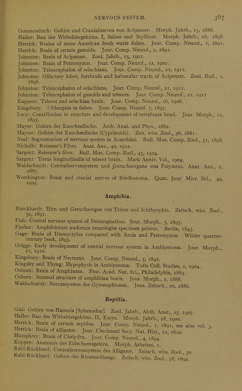 Goronowitsch: Gehirn und Cranialnerven von Acipenser. Morph. Jahrb., 13, 1888. Haller: Bau der Wirbeltiergehirns. I, Salmo und Scyllium. Morph. Jahrb., 26, 1898. Herrick: Brains of some American fresh water fishes. Jour. Comp. Neurol., 1, 1891. Herrick: Brain of certain ganoids. Jour. Comp. Neurol., 1, 1891. Johnston: Brain of Acipenser. Zool. Jahrb., 15, 1901. Johnston: Brain of Petromyzon. Jour. Comp. Neurol., 12, 1902. Johnston: Telencephalon of selachians. Jour. Comp. Neurol., 21, 1911. • Johnston: Olfactory lobes, forebrain and habenular tracts of Acipenser. Zool. Bull., 1, 1898. Johnston: Telencephalon of selachians. Jour. Comp. Neurol., 21, 1911. Johnston: Telencephalon of ganoids and teleosts. Jour. Comp. Neurol., 21, 1911 Kappers: Teleost and selachian brain. Jour. Comp. Neurol., 16. 1906. Kingsbury. Oblongata in fishes. Jour. Comp. Neurol. 7, 1897. Locy: Contribution to structure and development of vertebrate head. Jour. Morph., 11, 1895. Mayer: Gehirn der Knochenfische. Arch. Anat. und Phys., 1882. Mayser: Gehirn der Knochenfische (Cyprinoids). Zeit. wiss. Zool., 36, 1881. Neal: Segmentation of nervous system in Acanthias. Bull. Mus. Comp. Zool., 31, 1898. Nicholls: Reissner’s Fibre. Anat. Anz., 40, 1912. Sargent: Reissner’s fibre. Bull. Mus. Comp. Zool., 45, 1904. Sargent: Torus longitudinalis of teleost brain. Mark Anniv. Vol., 1904. Waldschmidt: Centralnervensystem und Geruchsorgane von Polyterus. Anat. Anz. 2 1887. Worthington: Brain and cranial nerves of Bdellostoma. Quar. Jour Micr. Sci., 49 1905- Amphibia. Burckhardt: Hirn und Geruchsorgan von Triton und Ichthyophis. Zeitsch. wiss. Zool 52, 1891. Fish: Central nervous system of Desmognathus. Jour. Morph., 5, 1895. Fischer: Amphibiorum nudorum neurologiae specimen primus. Berlin, 1843. Gage: Brain of Diemyctylus compared with Amia and Petromyzon. Wilder quarter- century book, 1893. Griggs: Early development of central nervous system in Amblystoma. Jour. Morph., Kingsbury: Brain of Necturus. Jour. Comp. Neurol., 5, 1895. Kingsley and Thyng: Hypophysis in Amblystoma. Tufts Coll. Studies, x, 1904. Osborn: Brain of Amphiuma. Proc. Acad. Nat. Sci., Philadelphia, 1883. Osborn: Internal structure of amphibian bra;n. Jour. Morph., 2, 1888. Waldschmidt: Nervensystem der Gymnophionen. Jena. Zeitsch., 20, 1886. Reptilia. Gisi: Gehirn von Hatteria [Sphenodon], Zool. Jahrb., Abth. Anat., 25. 1907. Haller: Bau des Wirbeltiergehirns. II, Emys. Morph. Jahrb., 28, 1900. Herrick: Brain of certain reptiles. Jour. Comp. Neurol., 1, 1891; see also vol. 3. errick: Brain of alligator. Jour. Cincinnati Socy. Nat. Hist., 12, 1890. Humphrey: Brain of Chelydra. Jour. Comp. Neurol., 4, 1894. Koppen: Anatomie des Eidechsensgehirn. Morph. Arbeiten, 1. Rabl-Riickhard: Centralnervensystem des Alligator. Zeitsch. wiss. Zool., 30 Rabl-Ruckhard: Gehirn des Riesenschlange. Zeitsch. wiss. Zool., 58, 1894.