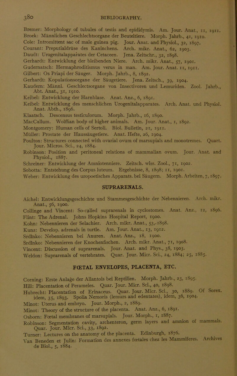 Bremer: Morphology of tubules of testis and epididymis. Am. Jour. Anat., ii, 1911. Broek: Mannlichen Geschlechtsorgane der Beuteltiere. Morph. Jahrb., 41, 1910. Cole: Intromittent sac of male guinea pig. Jour. Anat. and Physiol., 32, 1S97. Courant: Preputialdrtise des ICaninchens. Arch. mikr. Anat., 62, 1903. Daudt: Urogenitalapparates der Cetaceen. Jena. Zeitschr., 32, 1898. Gerhardt: Entwicklung der bleibenden Niere. Arch. mikr. Anat., 57, 1901. Gudernatsch: Hermaphroditismus verus in man. Am. Jour. Anat. 11, 1911. Gilbert: Os Priapi der Sauger. Morph. Jahrb., 8, 1892. Gerhardt: Kopulationsorgane der Saugetiere. Jena. Zeitsch., 39, 1904. Kaudem: Mannl. Geschlectsorgane von Insectivoren und Lemuriden. Zool. Jahrb., Abt. Anat., 31, 1910. Keibel: Entwicklung der Harnblase. Anat. Anz., 6, 1891. Keibel: Entwicklung des menschlichen Urogenitalapparates. Arch. Anat. und Physiol. Anat. Abth., 1896. Klaatsch. Descensus testiculorum. Morph. Jahrb., 16, 1890. MacCallum. Wolffian body of higher animals. Am. Jour. Anat., 1, 1892. Montgomery': Pluman cells of Sertoli. Biol. Bulletin, 21, 1911. Muller: Prostate der Haussaugetiere. Anat. Hefte, 26, 1904. Poulton: Structures connected with ovarial ovum of marsupials and monotremes. Quart. Jour. Micros. Sci., 24, 1884. Robinson: Position and peritoneal relations of mammalian ovum. Jour. Anat. and Physiol., 1887. Schreiner: Entwicklung der Amniotenniere. Zeitsch. wiss. Zool., 71, 1902. Sobotta: Entstehung des Corpus luteum. Ergebnisse, 8, 1898; 11, 1901. Weber: Entwicklung des uropoetisches Apparats. bei Saugern. Morph. Arbeiten, 7,1897. SUPRARENALS. Aichel: Entwicklungsgeschichte und Stammesgeschichte der Nebennieren. Arch. mikr. Anat., 56, 1900. Collinge and Vincent: So-called suprarenals in cyclostomes. Anat. Anz., 12, 1896. Flint: The Adrenal. Johns Hopkins Hospital Report, 1900. Kohn: Nebennieren der Selachier. Arch. mikr. Anat., 53,-1898. Kunz: Develop, adrenals in turtle. Am. Jour. Anat., 13, 1912. Srdinko: Nebennieren bei Anuren. Anat. Anz., 18, 1900. Srdinko: Nebennieren der Knochenfischen. Arch. mikr. Anat., 71, 1908. Vincent: Discussion of suprarenals. Jour. Anat. and Phys., 38, 1903. Weldon: Suprarenals of vertebrates. Quar. Jour. Micr. Sci., 24, 1884; 25, 1S85. FCETAL ENVELOPES, PLACENTA, ETC. Corning: Erste Anlage der Allantois bei Reptilien. Morph. Jahrb., 23, 1S95. Hill: Placentation of Perameles. Quar. Jour. Micr. Sci., 40, 1898. Hubrecht: Placentation of Erinaceus. Quar. Jour. Micr. Sci., 30, 1889. Of Sores, idem, 35, 1893. Spolia Nemoris (lemurs and edentates), idem, 36, 1904. Minot: Uterus and embryo. Jour. Morph., 2, 1889. Minot: Theory of the structure of the placenta. Anat. Anz., 6, 1891. Osborn: Fcetal membranes of marsupials. Jour. Morph., 1, 1887. Robinson: Segmentation cavity, archenteron, germ layers and amnion of mammals. Quar. Jour. Micr. Sci., 33, 1892. Turner: Lectures on the anatomy of the placenta. Edinburgh, 1876. Van Beneden et Julin: Formation des annexes foetales chez les Mammiferes. Archives de Biol., 5, 1884.