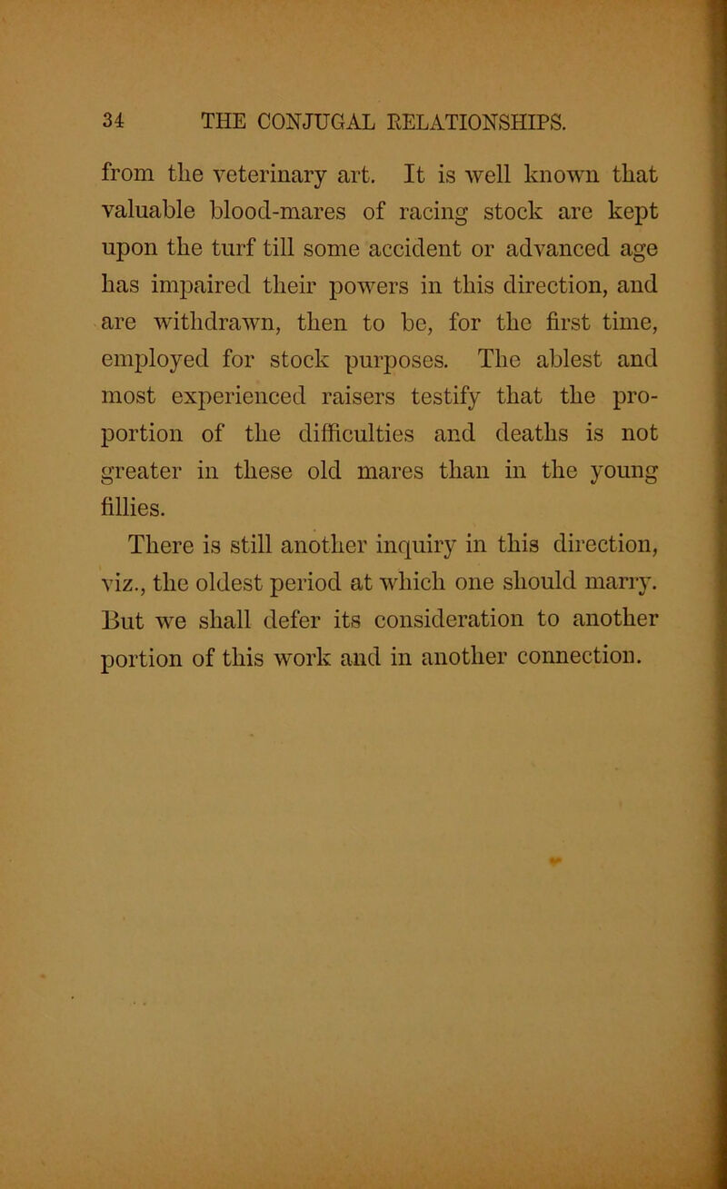 from tlie veterinary art. It is well known that valuable bloocl-mares of racing stock are kept upon the turf till some accident or advanced age has impaired their powers in this direction, and are withdrawn, then to be, for the first time, employed for stock purposes. The ablest and most experienced raisers testify that the pro- portion of the difficulties and deaths is not greater in these old mares than in the young fillies. There is still another inquiry in this direction, viz., the oldest period at which one should marry. But we shall defer its consideration to another portion of this work and in another connection.
