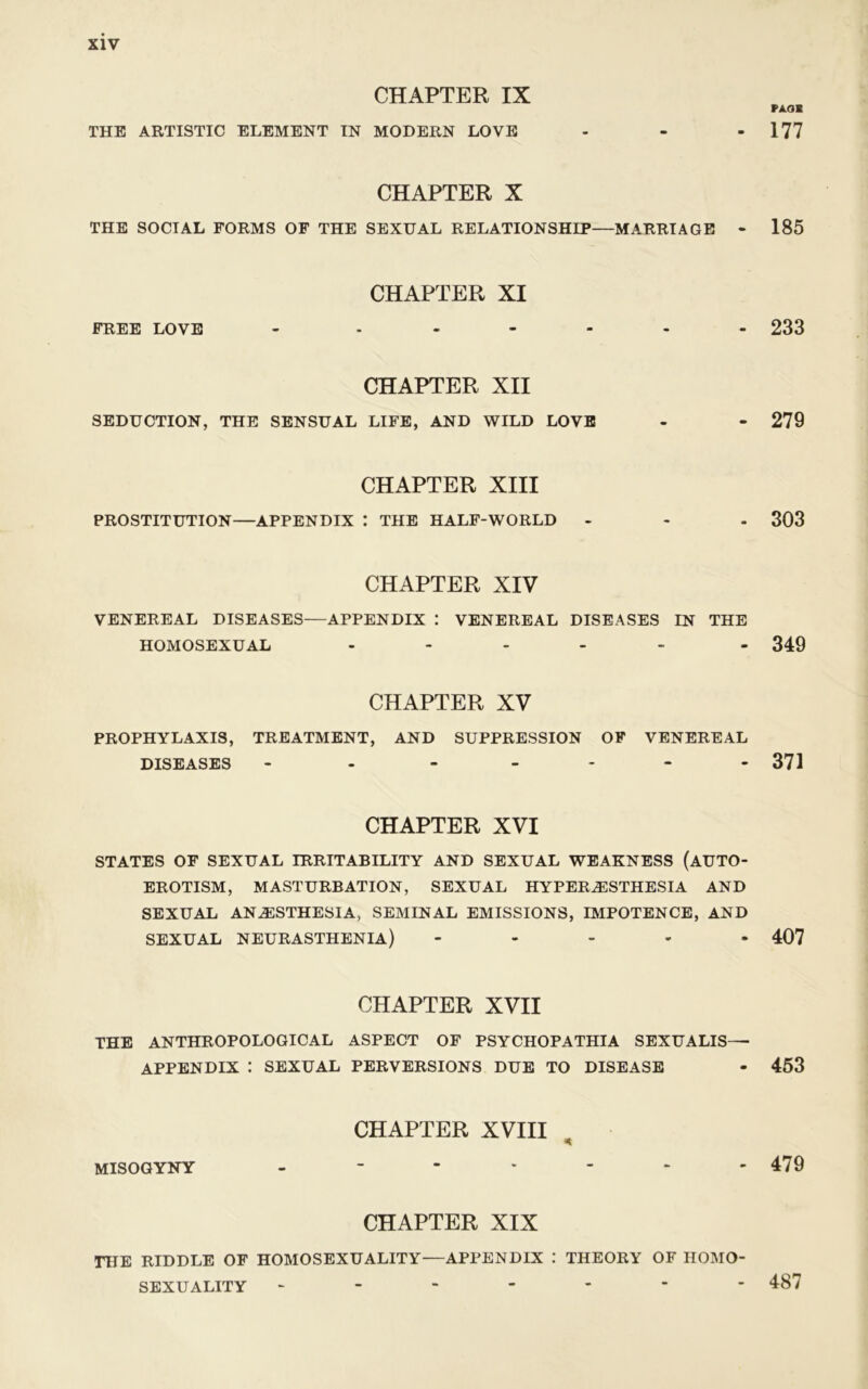 CHAPTER IX THE ARTISTIC ELEMENT IN MODERN LOVE CHAPTER X THE SOCIAL FORMS OF THE SEXUAL RELATIONSHIP—MARRIAGE - CHAPTER XI FREE LOVE - ------ CHAPTER XII SEDUCTION, THE SENSUAL LIFE, AND WILD LOVE CHAPTER XIII PROSTITUTION—APPENDIX I THE HALF-WORLD CHAPTER XIV VENEREAL DISEASES—APPENDIX : VENEREAL DISEASES IN THE HOMOSEXUAL .... - CHAPTER XV PROPHYLAXIS, TREATMENT, AND SUPPRESSION OF VENEREAL DISEASES - - - CHAPTER XVI STATES OF SEXUAL IRRITABILITY AND SEXUAL WEAKNESS (AUTO- EROTISM, MASTURBATION, SEXUAL HYPERESTHESIA AND SEXUAL ANESTHESIA, SEMINAL EMISSIONS, IMPOTENCE, AND SEXUAL NEURASTHENIA) - CHAPTER XVII THE ANTHROPOLOGICAL ASPECT OF PSYCHOPATHIA SEXUALIS— APPENDIX : SEXUAL PERVERSIONS DUE TO DISEASE CHAPTER XVIII MISOGYNY ------- CHAPTER XIX THE RIDDLE OF HOMOSEXUALITY—APPENDIX : THEORY OF HOMO- SEXUALITY ------- VJlO E 177 185 233 279 303 349 371 407 453 479 487