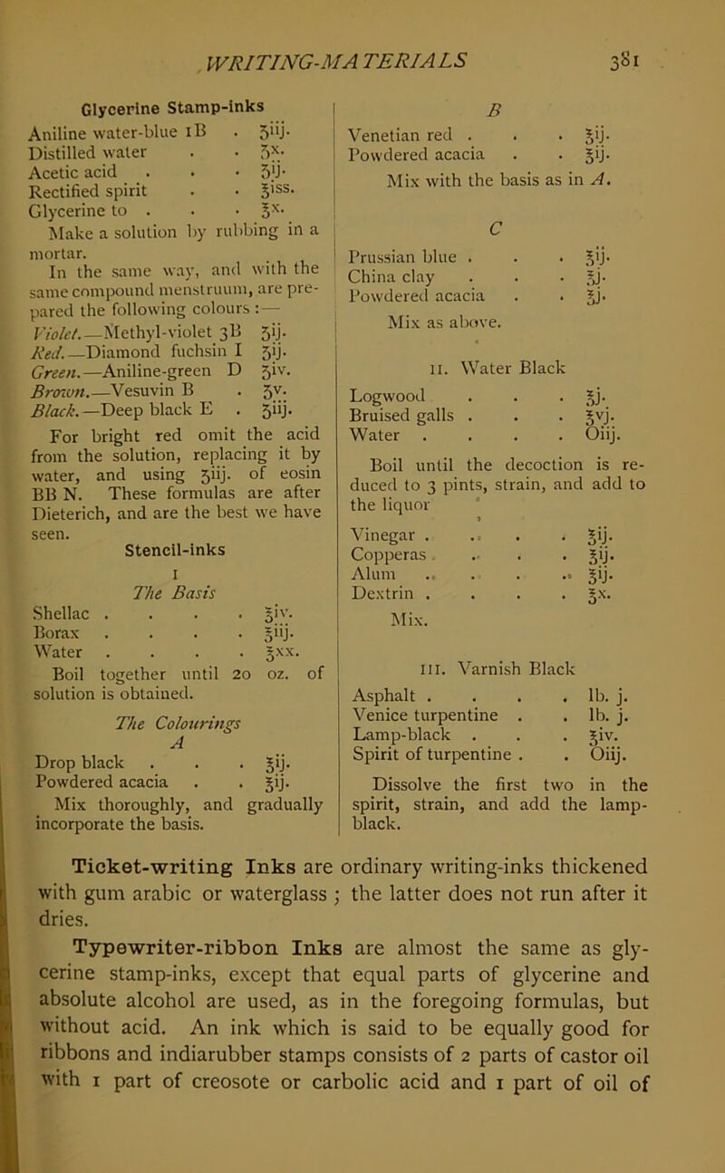 Glycerine Stamp-inks Aniline water-blue iB • 5'>j- Distilled water • 5^- Acetic acid • 5ij- Rectified spirit . 5iss Glycerine to . ■ Make a solution by rubbing in a mortar. In the same way, and with the same compound menstruum, are pre- pared the following colours : — Violet.—ISIethyl-violet 3B 5ij. Red.—Diamond fuchsin I 5jj. Green.—Aniline-green D 5iv. Brmvn.—Vesuvin B . 5v. Black.—Deep black E . 5iij. For bright red omit the acid from the solution, replacing it by water, and using 5iij. of eosin BB N. These formulas are after Dieterich, and are the best we have seen. Stencil-inks I The Basis Shellac .... §iv. Borax .... §iij. Water .... §xx. Boil together until 20 oz. of solution is obtained. The Colourings A Drop black . . . gij. Powdered acacia . . §ij. Mix thoroughly, and gradually incorporate the basis. B Venetian red . . . §ij. Powdered acacia . . §ij. Mix with the basis as in ..4. C Prussian blue . . . jij. China clay . . . fj. Powdered acacia . . jj. Mix as aliove. II. Water Black Logwood . . ■ Bruised galls . . . Water .... Oiij. Boil until the decoction is re- duced to 3 pints, strain, and add to the liquor Vinegar . Copperas . Alum Dextrin . Mix. . 51J. • 5>j- .. 5ij. . 5x. III. Varnish Black Asphalt . . . . lb. j. Venice turpentine . . lb. j. Lamp-black . . . ^iv. Spirit of turpentine . . Oiij. Dissolve the first two in the spirit, strain, and add the lamp- black. Ticket-writing Inks are ordinary writing-inks thickened with gum arabic or waterglass ; the latter does not run after it dries. Typewriter-ribbon Inks are almost the same as gly- cerine stamp-inks, e.xcept that equal parts of glycerine and absolute alcohol are used, as in the foregoing formulas, but without acid. An ink which is said to be equally good for ribbons and indiarubber stamps consists of 2 parts of castor oil with I part of creosote or carbolic acid and i part of oil of