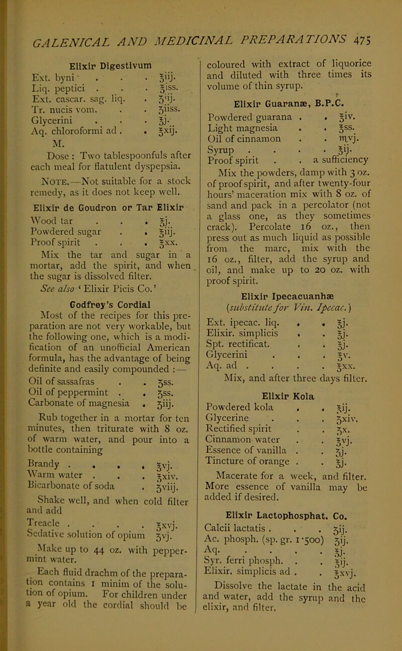 Elixir Digestivum Ext. byni • 5»J- Liq. peptici . . 31SS. Ext. cascar. sag. liq. • .5j- Tr. nucis vom. . 5iiss Glycerini • 5j-.. Aq. chloroformi ad . • B^ij. M. Dose : Two tablespoonfuls after each meal for flatulent dyspepsia. Note.—Not suitable for a stock remedy, as it does not keep well. Elixir de Goudron or Tar Elixir ^Vood tar . . . §j. Powdered sugar . . giij. Proof spirit . . . §xx. Mix the tar and sugar in a mortar, add the spirit, and when the sugar is dissolved filter. See also ‘ Elixir Picis Co. ’ Godfrey’s Cordial Most of the recipes for this pre- paration are not very workable, but the following one, which is a modi- fication of an unofficial American formula, has the advantage of being definite and easily compounded :— Oil of sassafras . . 5ss. Oil of peppermint . , 5ss. Carbonate of magnesia . 5iij. Rub together in a mortar for ten minutes, then triturate with 8 oz. of warm water, and pour into a lx)ttle containing Brandy .... §vj. Warm water . . . ,^xiv. Bicarbonate of soda . 5viij. Shake well, and when cold filter and add Treacle .... §xvj. .Sedative solution of opium 5vj. Make up to 44 oz. with pepper- mint water. Each fluid drachm of the prepara- tion contains i minim of the solu- tion of opium. For children under a year old the cordial should be coloured with extract of liquorice and diluted with three times its volume of thin syrup. Elixir Guaranse, B.P.C. Powdered guarana . . giv. Light magnesia . . 5®®'. Oil of cinnamon . . uivj. Syrup . . . • 5b- Proof spirit . . a sufficiency Mix the powders, damp with 3 oz. of proof spirit, and after twenty-four hours’ maceration mix with 8 oz. of sand and pack in a percolator (not a glass one, as they sometimes crack). Percolate 16 oz., then press out as much liquid as possible from the marc, mix with the 16 oz., filter, add the syrup and oil, and make up to 20 oz. with proof spirit. Elixir Ipecacuanhse (substitute for Vin. Ipecac.) Ext. ipecac, liq. . . gj. Elixir, simplicis . . §j. Spt. rectificat. . . jj. Glycerini . . . gv. Aq. ad . . . . §xx. Mix, and after three clays filter. Elixir Kola Powdered kola Glycerine Rectified spirit Cinnamon water Essence of vanilla Tincture of orange Macerate for a week, and filter. More essence of vanilla may be added if desired. Elixir Lactophosphat. Co. Calcii lactatis. . . jij. Ac. phosph. (sp. gr. I -500) 5ij. Aq. .... _sj. Syr. ferri phosph. . . »ij. Elixir, simplicis ad . . jxvj. Dissolve the lactate in the acid and water, add the syrup and the elixir, and filter. 5x1V. B'T 5j- Si-