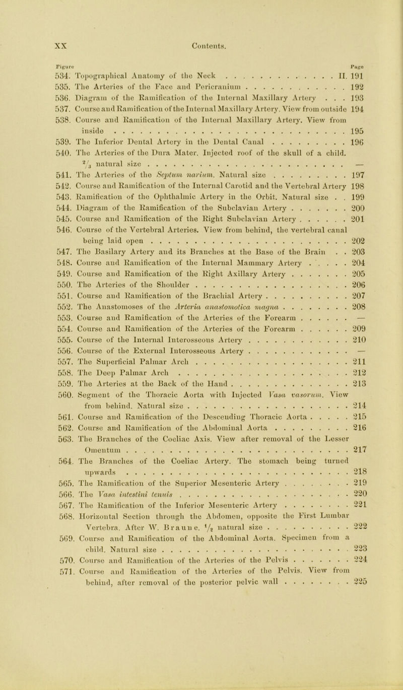 Figure Page 534. Topograjiliical Anatomy of the Neck II. 191 535. The Arteries of the Face and Pericranium .192 536. Diagram of the Kamilication of the Internal Maxillary Artery . . .193 537. Course and Kamitication of the Internal Maxillary Artery. View from outside 194 538. Course aud Kamilication of the Internal Maxillary Artery. View from inside 195 539. The Inferior Dental Artery in the Dental Canal 196 540. The Arteries of the Dura Mater. Injected roof of the skull of a child. ‘'^ 3 natural size — 541. The Arteries of the Septum narium. Natural size 197 542. Course and Ramification of the Internal Carotid and the Vertebral Artery 198 543. Ramification of the Ophthalmic Artery in the Orbit. Natural size . . 199 544. Diagram of the Ramification of the Subclavian Artery 200 545. Course and Ramification of the Right Subclavian Artery 201 546. Course of the Vertebral Arteries. View from behind, the vertebral canal being laid open 202 547. The Basilary Artery and its Branches at the Base of the Brain . . 203 548. Course aud Ramification of the Internal Mammary Artery . ’. . . . 204 549. Course and Ramification of tlie Right Axillary Artery 205 550. The Arteries of the Shoulder 206 551. Course aud Ramification of tlie Brachial Artery 207 552. The Anastomoses of the Arteria anastomotica magna 208 553. Course aud Ramification of the Arteries of the Forearm — 554. Course aud Ramification of the Arteries of the Forearm 209 555- Course of the Internal Interosseous Artery 210 556. Course of the External Interosseous Artery — 557. The Superficial Palmar Arch 211 558. The Deep Palmar Arch 212 559. Tlie Arteries at the Back of the Hand 213 560. Segment of the Thoracic Aorta with Injected Vasa vasorum. View from behind. Natural size 214 561. Course and Ramification of the Descending Thoracic Aorta 215 562. Course and Ramification of the Abdominal Aorta 216 563. The Branches of the Coeliac Axis. View after removal of the l^esser Omentum 217 564. The Branches of the Coeliac Artery. The stomach being turned upwards 218 565. The Ramification of the Superior Mesenteric Artery 219 566. Tlie Vasa intestini tenuis 220 567. The Ramification of the Inferior Mesenteric Artery 221 568. Horizontal Section through the Abdomen, opi>osite the First Lumbar Vertebra. xVfter W. Braun e. y.^ natural size 222 569. Course and Ramification of the Abdominal Aorta. Sjiecimen trom a child. Natural size 223 570. Course and Ramification of the Arteries of the Pelvis 224 571. Course and Ramification of the Arteries of the Pelvis. View trom behind, after removal of the posterior pelvic wall 225