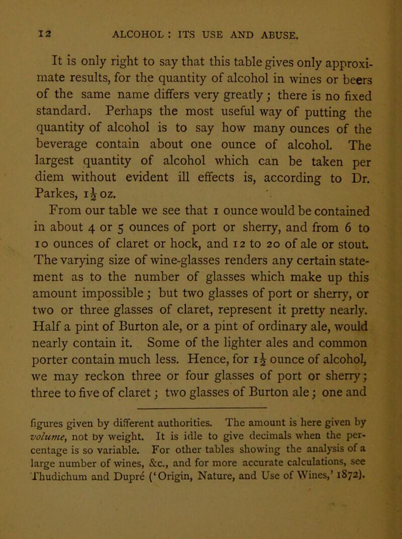 It is only right to say that this table gives only approxi- mate results, for the quantity of alcohol in wines or beers of the same name dilfers very greatly; there is no fixed standard. Perhaps the most useful way of putting the quantity of alcohol is to say how many ounces of the beverage contain about one ounce of alcohol. The largest quantity of alcohol which can be taken per diem without evident ill effects is, according to Dr. Parkes, i^oz. From our table we see that i ounce would be contained in about 4 or 5 ounces of port or sherry, and from 6 to 10 ounces of claret or hock, and 12 to 20 of ale or stout The varying size of wine-glasses renders any certain state- ment as to the number of glasses which make up this amount impossible; but two glasses of port or sherry, or two or three glasses of claret, represent it pretty nearly. Half a pint of Burton ale, or a pint of ordinary ale, would nearly contain it. Some of the lighter ales and common porter contain much less. Hence, for ounce of alcohol, we may reckon three or four glasses of port or sherry; three to five of claret; two glasses of Burton ale; one and figures given by different authorities. The amount is here given by volume, not by weight. It is idle to give decimals when the per- centage is so variable. For other tables showing the analysis of a large number of wines, See., and for more accurate calculations, see Thudichum and Dupre (‘Origin, Nature, and Use of Wines,’ 1872).
