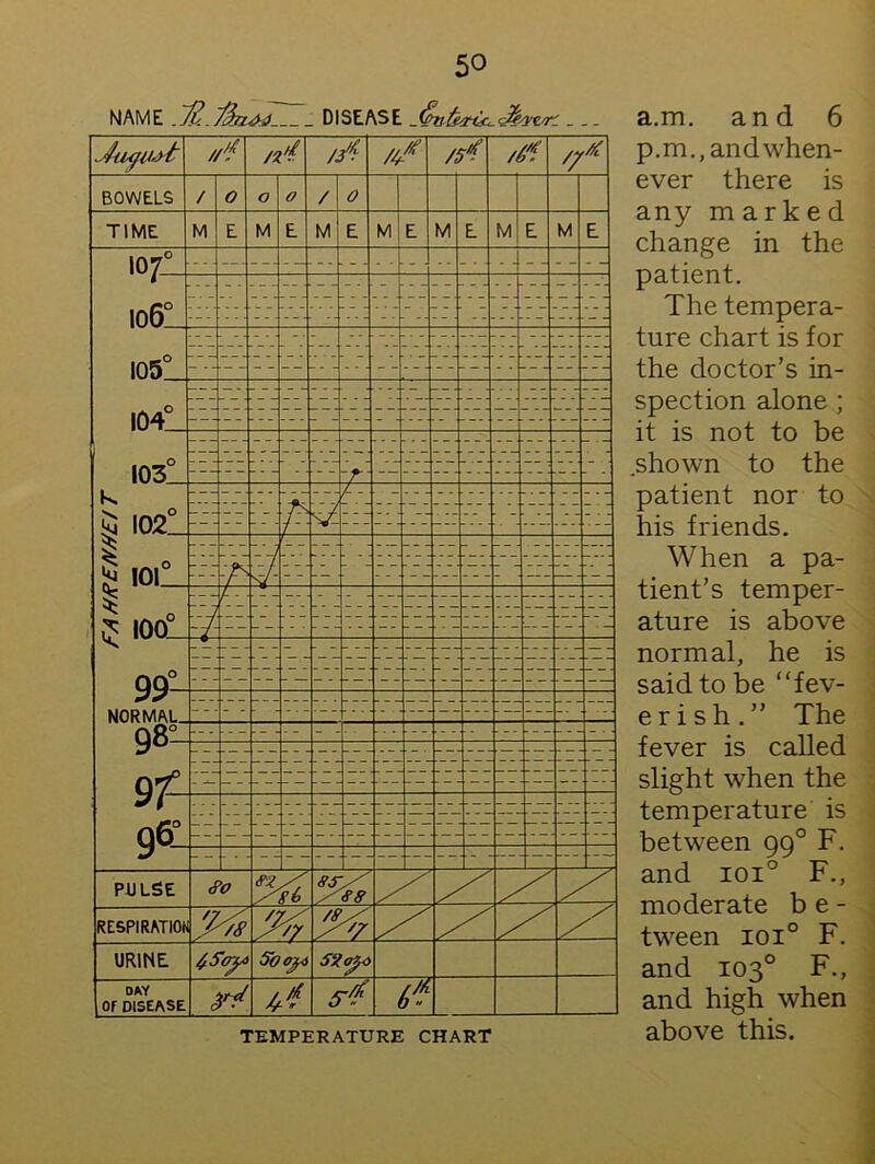 NAME ~fl.. DISEASE /// /A /// /S# //f BOWELS / 0 O O / 0 TIME M E M E M E M E M E M E M E 107° _ lu/— 1060 105° 104° . 103° T - $ 102° A- - — — _ .j — j sy Si 101° / --- -/s v- — — - — - — - — 5 IOQlL L. -t - QQ°_ — - - — — NORMAL. 9° 0 7° — -- 96“ --- — -- — — - - — — -- PULSE <?0 8f/ '88 RESPIRATIOt Ws % % URINE £5oy> So 0^4 SZopo DAY OF DISEASE. Pi* 6* TEMPERATURE CHART a.m. and 6 p.m.,andwhen- ever there is any marked change in the patient. The tempera- ture chart is for the doctor’s in- spection alone ; it is not to be shown to the patient nor to his friends. When a pa- tient’s temper- ature is above normal, he is said to be “fev- er ish.” The fever is called slight when the temperature is between 990 F. and ioi° F., moderate be- tween ioi° F. and 103° F., and high when above this.