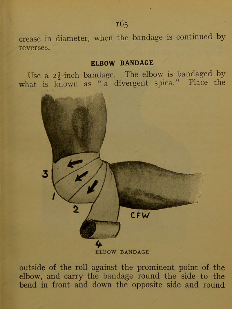 crease in diameter, when the bandage is continued by reverses. ELBOW BANDAGE Use a 2^-inch bandage. The elbow is bandaged by what is known as “a divergent spica.” Place the ELBOW BANDAGE outside of the roll against the prominent point of the elbow, and carry the bandage round the side to the bend in front and down the opposite side and round