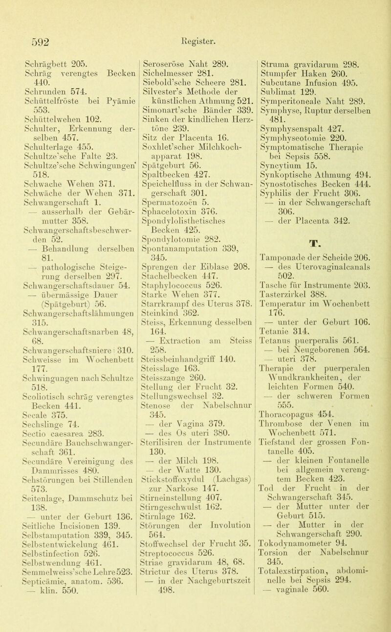 Schrägbett 205. Schräg verengtes Becken 440. Schrunden 574. Schüttelfröste bei Pyämie 553. Schüttelwehen 102. Schulter, Erkennung der- selben 457. Schulterlage 455. Schultze’sche Falte 23. Schultze’sche Schwingungen 518. Schwache Wehen 371. Schwäche der Wehen 371. Schwangerschaft 1. — ausserhalb der Gebär- mutter 358. Schwangerschaftsbeschwer- den 52. — Behandlung derselben 81. — pathologische Steige- rung derselben 297. Schwangerschaftsdauer 54. | — übermässige Dauer (Spätgeburt) 56. Schwangerschaftslähmungen 315. Schwangerschaftsnarben 48, 68. Schwangerschaftsniere - 310. Schweisse im Wochenbett 177. Schwingungen nach Schultze j 518. Scoliotisch schräg verengtes Becken 441. Secale 375. Sechslinge 74. Sectio caesarea 283. Secuncläre Bauchschwanger- schaft 361. Secundäre Vereinigung des Dammrisses 480. Sehstörungen bei Stillenden 573. Seitenlage, Dammschutz bei 138. — unter der Geburt 136. j Seitliche Incisionen 139. Selbstamputation 339, 345. j Selbstentwickelung 461. Selbstinfection 526. Selbstwendung 461. Semmelweiss’sche Lehre 523. Septicämie, anatom. 536. — klin. 550. Seroseröse Naht 289. Sichelmesser 281. Siebold’sche Scheere 281. Silvester’s Methode der künstlichen Athmung 521. Simonart’sche Bänder 339. Sinken der kindlichen Herz- töne 239. Sitz der Placenta 16. Soxhlet’scher Milchkoch- apparat 198. Spätgeburt 56. Spaltbecken 427. Speichelfluss in der Schwan- gerschaft 301. Spermatozoen 5. Sphacelotoxin 376. Spondylolisthetisches Becken 425. Spondylotomie 282. Spontanamputation 339, 345. Sprengen der Eiblase 208. Stachelbecken 447. Staphylococcus 526. Starke Wehen 377. Starrkrampf des Uterus 378. Steinkind 362. Steiss, Erkennung desselben 164. — Extraction am Steiss 258. _ Steiss beinhandgriff 140. Steisslage 163. Steisszange 260. Stellung der Frucht 32. Stellungswechsel 32. Stenose der Nabelschnur 345. — der Vagina 379. — des Os uteri 380. Sterilisiren der Instrumente 130. — der Milch 198. — der Watte 130. Stickstoffoxydul (Lachgas) zur Narkose 147. Stirneinstellung 407. Stirn geschwulst 162. Stirnlage 162. Störungen der Involution 564. Stoffwechsel der Frucht 35. Streptococcus 526. Striae gravidarum 48, 68. Strictur des Uterus 378. — in der Nachgeburtszeit 498. Struma gravidarum 298. Stumpfer Haken 260. Subcutane Infusion 495. Sublimat 129. Symperitoneale Naht 289. Symphyse, Ruptur derselben “481. Symphysenspalt 427. Symphyseotomie 220. Symptomatische Therapie bei Sepsis 558. Syncytium 15. Synkoptische Athmung 494. Synostotisches Becken 444. Syphilis der Frucht 306. — in der Schwangerschaft 306. —- der Placenta 342. T. Tamponade der Scheide 206. — des Uterovaginalcanals 502. Tasche für Instrumente 203. Tasterzirkel 388. Temperatur im Wochenbett 176. — unter der Geburt 106. Tetanie 314. Tetanus puerperalis 561. — bei Neugeborenen 564. — uteri 378. Therapie der puerperalen Wundkrankheiten, d er leichten Formen 540. — der schweren Formen 555. Thoracopagus 454. Thrombose der Venen im Wochenbett 571. Tiefstand der grossen Fon- tanelle 405. — der kleinen Fontanelle bei allgemein vereng- tem Becken 423. Tod der Frucht in der Schwangerschaft 345. — der Mutter unter der Geburt 515. — der Mutter in der Schwangerschaft 290. Tokodynamometer 94. Torsion der Nabelschnur 345. Totalexstirpation, abdomi- nelle bei Sepsis 294. — vaginale 560.