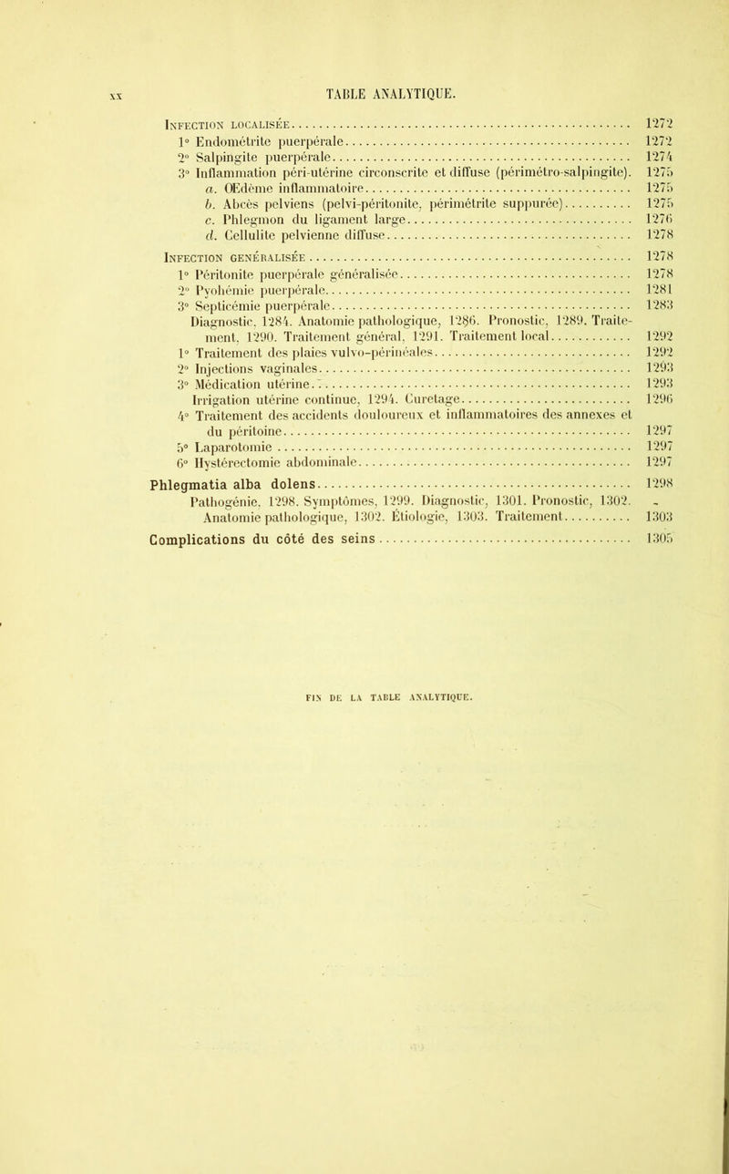 Infection localisée 1272 1° Endométrite puerpérale 1272 2° Salpingite puerpérale 1274 3° Inflammation péri-utérine circonscrite et diffuse (périmétro-salpingite). 1275 a. Œdème inflammatoire 1275 b. Abcès pelviens (pelvi-péritonite, périmétrite suppurée) 1275 c. Phlegmon du ligament large 1276 d. Cellulite pelvienne diffuse 1278 Infection généralisée 1278 1° Péritonite puerpérale généralisée 1278 2° Pyohémie puerpérale 1281 3° Septicémie puerpérale 1283 Diagnostic. 1284. Anatomie pathologique, 12§6. Pronostic, 1289. Traite- ment, 1290. Traitement général, 1291. Traitement local 1292 1° Traitement des plaies vulvo-périnéales 1292 2° Injections vaginales 1293 3° Médication utérine.^ 1293 Irrigation utérine continue, 1294. Curetage 1296 4° Traitement des accidents douloureux et inflammatoires des annexes et du péritoine 1297 5° Laparotomie 1297 6° Hystérectomie abdominale 1297 Phlegmatia alba dolens 1298 Pathogénie, 1298. Symptômes, 1299. Diagnostic, 1301. Pronostic, 1302. Anatomie pathologique, 1302. Étiologie, 1303. Traitement 1303 Complications du côté des seins 1305 FIN DE LA TABLE ANALYTIQUE.