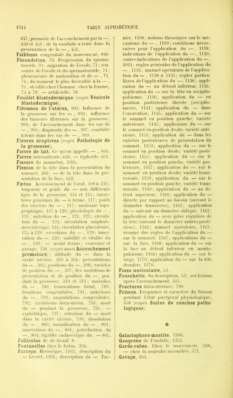 447 ; pronostic de l’accouchement par la —, 450 et 451 ; de la conduite à tenir dans la présentation de la — , 451. Faiblesse congénitale du nouveau-né, 840- Fécondation. 70. Progression du sperma- tozoïde, 70; migration de l’ovule, 71; ren- contre de l’ovule et du spermatozoïde, 71 : phénomènes de maturation et de — ,71, 74 ; du moment le plus favorable à la— , 75 : stérilité chez l'homme, chez la femme, 75 à 78 . — artificielle, 78. Feuillet blastodermique (voyez Vésicule blastodermique). Fibromes de l’utérus, 992. Influence de la grossesse sur les — , 993; influence des tumeurs fibreuses sur la grossesse, 994; de l'accouchement dans les cas de — , 996; diagnostic des — . 997 ; conduite à tenir dans les cas de — , 999. Fièvres éruptives (voyez Pathologie de la grossesse). Fièvre de lait. Ce qu’on appelle — , 603. Fièvre intermittente, 636; — typhoïde, 651. Fissure du mamelon, 1305. Flexion de la tête dans la présentation du sommet, 366; — de la tète dans la pré- sentation de la face, 442. Fœtus. Accroissement de l’œuf, 108 à 116 : longueur et poids du — aux différents âges de la grossesse. 114 et 115; carac- tères généraux du — â terme, 117 ; poids des viscères du — . 117 ; anatomie topo- graphique, 117 à 120; physiologie du— , 121: nutrition du — . 121, 122; circula- tion du — . 124: circulation omphalo- mésentérique, 124; circulation placentaire, 125 à 129; sécrétions du — , 129; inner- vation du—. 130; viabilité et vitalité du — . 130; — avant terme; couveuse et gavage, 130 [voyez aussi Accouchement prématuré : attitude du — dans la cavité utérine, 300 à 305 ; présentations du — , 305 ; positions du —. 306 ; variétés de position du —, 307; des mutations de présentation et de position du —, pen- dant la grossesse. 310 et 311 : maladies du — . 789. traumatisme fœtal. 789; luxations congénitales, 791 ; ankylosés du — , 792; amputations congénitales. 792; rachitisme intra-utérin. 793; mort du — pendant la grossesse, 795 : — syphilitique, 797; rétention du — mort dans la cavité utérine, 799; dissolution I du — , 800: momification du — . 801; j macération du—, 801; putréfaction du —, 804 ; rigidité cadavérique du , —805. Follicules de de Graaf. 8. Fontanelles chez le fœtus. 295. Forceps. Historique, 1102; description du — Levret, 1104; description du — Tar- nier, 1108 ; notions théoriques sur le mé- canisme du — , 1109; conditions néces- saires pour l’application du —, 1118; indications de l’application du —, 1120; contre-indications de l’application du — , 1024; règles générales de l’application du — , 1124; manuel opératoire de l’applica- tion du — , 1128 à 1135; règles particu- lières de l’application du —, 1136; appli- cation du — au détroit inférieur, 1136; application du — sur la tête en occipito- pubienne, 1136; application du — en position postérieure directe (occipito- sacrée, 1141; application du — dans l’excavation, 1145; application du —sur le sommet en position gauche, variété antérieure. 1145; application du — sur le sommet en position droite, variété anté- rieure. 1151; application du —dans les | variétés postérieures de présentation du sommet, 1153; application du — sur le sommet en position droite, variété posté- rieure, 1155; application du — sur le sommet en position gauche, variété pos térieure, 1157; application du — sur le sommet en position droite, variété trans- versale, 1159; application du — sur le sommet en position gauche, variété trans- versale, 1160; application du — au dé- troit supérieur, 1160; application du — directe par rapport au bassin (suivant le diamètre transverse), 1161; application du — suivant un diamètre oblique, 1162; application du — avec prise régulière de la tôle (suivant le diamètre antéro-posté rieur), 1162; manuel opératoire, 1162; résumé des règles de l’application du — sur le sommet. 1167; applications du — sur la face. 1168; application du — sur la face au détroit inférieur en mento- pubienne, 1169; application du — sur le siège. 1170; application du — sur la tête dernière, 1170. Fosse naviculaire, 53. Fourchette. Sa description, 53; ses lésions après l’accouchement, 415. Fractures intra-utérines, 790. Frisson. Fréquence et caractère du frisson pendant l'état puerpéral physiologique, 558 (voyez Suites de couches patho logiques). G Galactophoro-mastite. 1306. Gangrène de l’ombilic, 1253. Garde-robes. Chez le nouveau-né, 598; — chez la nouvelle accouchée, 571. Gavage, 844.