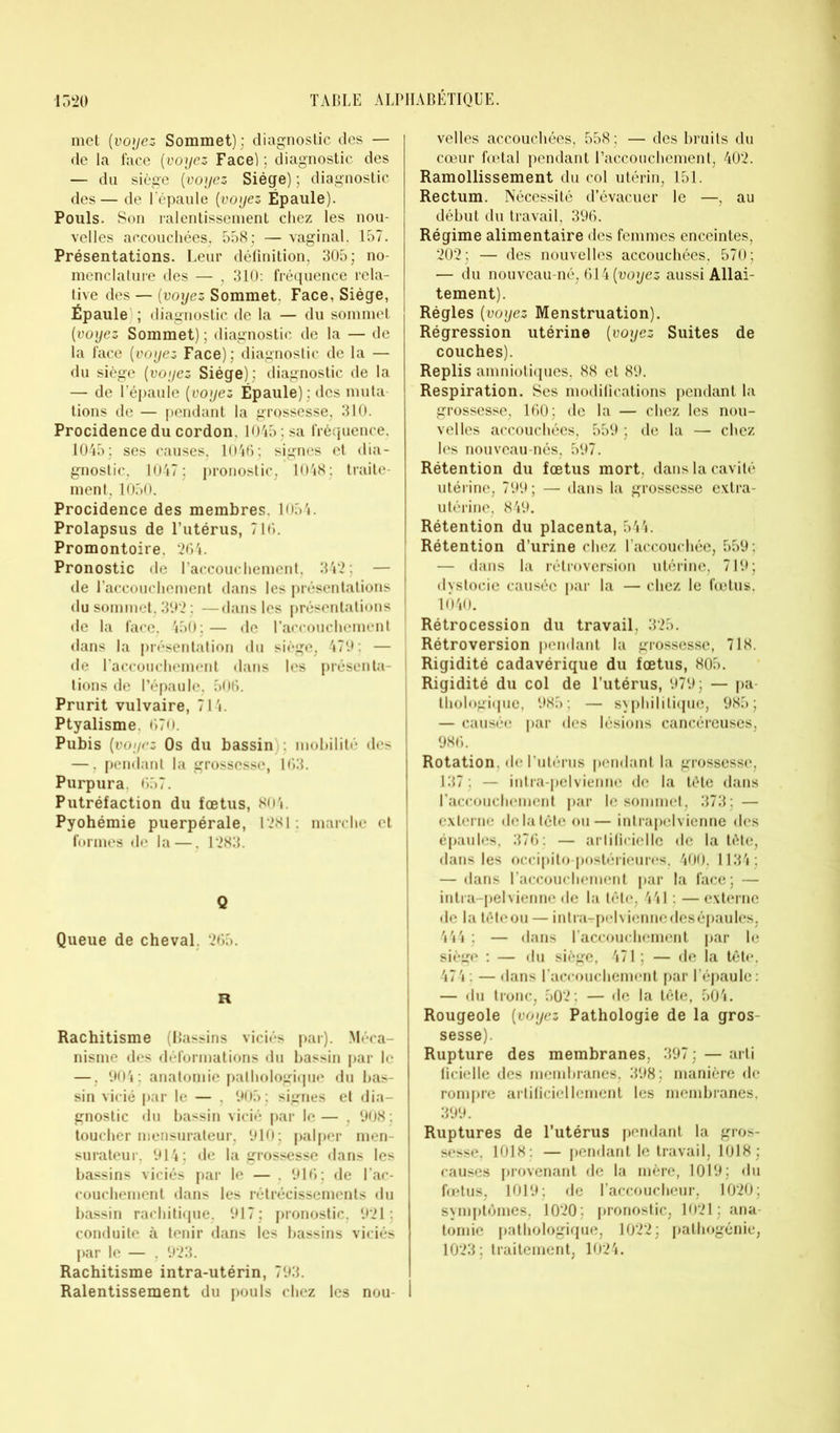 met (voyez Sommet); diagnostic des — de la face (voyez Face) ; diagnostic des — du siège (voyez Siège) ; diagnostic des— de l'épaule (voyez Épaule). Pouls. Son ralentissement chez les nou- velles accouchées. 558; — vaginal. 157. Présentations. Leur définition, 305; no- menclature des — , 310: fréquence rela- tive des — (voyez Sommet. Face, Siège, Épaule ; diagnostic de la — du sommet (voyez Sommet) ; diagnostic de la — de la face (voyez Face) ; diagnostic de la — du siège (voyez Siège) ; diagnostic de la — de l’épaule (voyez Epaule) ; des muta- tions de — pendant la grossesse, 310. Procidence du cordon, 1045 ; sa fréquence. 1045; ses causes, 1046; signes et dia- gnostic, 1047; pronostic, 1048; traite- ment, 1050. Procidence des membres. 1054. Prolapsus de l’utérus, 716. Promontoire. 264. Pronostic de l’accouchement, 342; — de l’accouchement dans les présentations du sommet, 392 ; —dans les présentations de la face, 450;— de l’accouchement dans la présentation du siège, 479. — de l'accouchement dans les présenta- tions de l’épaule, 506. Prurit vulvaire, 714. Ptyalisme. 670. Pubis (voyez 0s du bassin . mobilité des —, pendant la grossesse, 163. Purpura. 657. Putréfaction du fœtus, 804. Pyohémie puerpérale, 1281 : marche et formes de la —. 1283. Q Queue de cheval, 265. R Rachitisme (Bassins viciés par). Méca- nisme des déformations du bassin par le —, 904 . anatomie pathologique du bas- sin vicié par le — , 905; signes et dia- gnostic du bassin vicié par le — . 908 ; toucher mensurateur, 910; palper men- surateur. 914; de la grossesse dans les bassins viciés par le — , 916; de l’ac- couchement dans les rétrécissements du bassin rachitique, 917; pronostic, 921; conduite à tenir dans les bassins viciés par le — , 923. Rachitisme intra-utérin, 793. Ralentissement du pouls chez les nou- velles accouchées, 558; — des bruits du cœur fœtal pendant l’accouchement, 402. Ramollissement du col utérin, 151. Rectum. Nécessité d’évacuer le —, au début du travail, 396. Régime alimentaire des femmes enceintes, 202; — des nouvelles accouchées, 570; — du nouveau-né, 614 (voyez aussi Allai- tement). Règles (voyez Menstruation). Régression utérine (voyez Suites de couches). Replis amniotiques, 88 et 89. Respiration. Ses modifications pendant la grossesse, 160; de la — chez les nou- velles accouchées, 559 ; de la — chez les nouveau-nés, 597. Rétention du fœtus mort, dans la cavité utérine, 799 ; — dans la grossesse extra- utérine, 849. Rétention du placenta, 544. Rétention d’urine chez l’accouchée, 559; — dans la rétroversion utérine, 719; dystocie causée par la — chez le fœtus. 1Ô40. Rétrocession du travail, 325. Rétroversion pendant la grossesse, 718. Rigidité cadavérique du fœtus, 805. Rigidité du col de l’utérus, 979; — pa- thologique, 985; — syphilitique, 985; — causée par des lésions cancéreuses, 986. Rotation, de l’utérus pendant la grossesse, 137; — intra-pelvienne de la tète dans l'accouchement par le sommet, 373; — externe de la tête ou— intrapelvienne des épaules, 376. — artificielle de la tète, dans les occipito-postérieures, 400, 1134 ; — dans l’accouchement par la face; — intra-pel vienne de la tête, 441 : — externe de la tète ou — intra-pelvienne des épaules, 444 ; — dans l’accouchement par le siège ; — du siège, 471 ; — de la tête, 474 : — dans l’accouchement par l’épaule: — du tronc, 502; — de la tête, 504. Rougeole (voyez Pathologie de la gros- sesse). Rupture des membranes, 397; — arti ficielle des membranes, 398; manière de rompre artificiellement les membranes, 399. Ruptures de l’utérus pendant la gros- sesse. 1018; — pendant le travail, 1018; causes provenant de la mère, 1019; du fœtus, 1019; de l’accoucheur, 1020; symptômes, 1020; pronostic, 1021; ana- tomie pathologique, 1022; pathogénie, 1023; traitement, 1024.