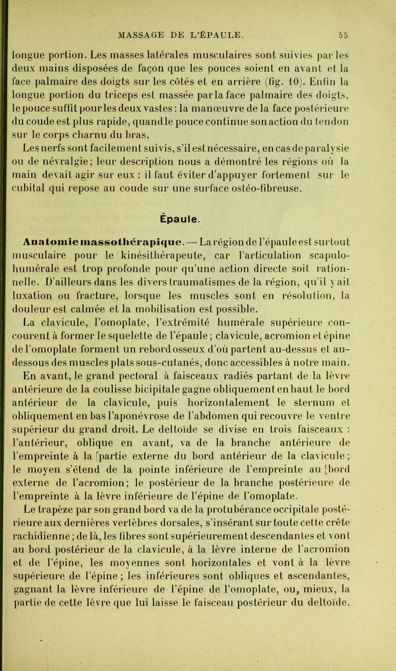 longue portion. Les niasses latérales musculaires sont suivies parles deux mains disposées de façon que les pouces soient en avant et la face palmaire des doigts sur les côtés et en arrière (fig. 10). Enfin la longue portion du triceps est massée parla face palmaire des doigts, le pouce suffit pour les deux vastes : la manœuvre de la face postérieure du coude est plus rapide, quand le pouce continue son action du tendon sur le corps charnu du bras. Les nerfs sont facilement suivis, s’il est nécessaire, en cas de paralysie ou de névralgie; leur description nous a démontré les régions où la main devait agir sur eux ; il faut éviter d’appuyer fortement sur le cubital qui repose au coude sur une surface ostéo-fibreuse. Épaule. ADatomie massotliérapique. — La région de l’épaule est surtout musculaire pour le kinésithérapeute, car l’articulation scapulo- humérale est trop profonde pour qu’une action directe soit ration- nelle. D’ailleurs dans les divers traumatismes de la région, qu’il y ait luxation ou fracture, lorsque les muscles sont en résolution, la douleur est calmée et la mobilisation est possible. La clavicule, l’omoplate, l’extrémité humérale supérieure con- courent à former le squelette de l’épaule ; clavicule, acromion et épine de l’omoplate forment un rebordosseux d’où partent au-dessus et au- dessous des muscles plats sous-cutanés, donc accessibles à notre main. En avant, le grand pectoral à faisceaux radiés partant de la lèvre antérieure de la coulisse bicipitale gagne obliquement en haut le bord antérieur de la clavicule, puis horizontalement le sternum et obliquement en bas l’aponévrose de l’abdomen qui recouvre le ventre supérieur du grand droit. Le deltoïde se divise en trois faisceaux : l’antérieur, oblique en avant, va de la branche antérieure de l’empreinte à la [partie externe du bord antérieur de la clavicule ; le moyen s’étend de la pointe inférieure de l’empreinte au [bord externe de l’acromion; le postérieur de la branche postérieure de l’empreinte à la lèvre inférieure de l’épine de l’omoplate. Le trapèze par son grand bord va de la protubérance occipitale posté- rieure aux dernières vertèbres dorsales, s’insérant sur toute cette crête rachidienne ; de là, les fibres sont supérieurement descendantes et von t au bord postérieur de la clavicule, à la lèvre interne de l’acromion et de l’épine, les moyennes sont horizontales et vont à la lèvre supérieure de l’épine ; les inférieures sont obliques et ascendantes, gagnant la lèvre inférieure de l’épine de l’omoplate, ou, mieux, la partie de cette lèvre que lui laisse le faisceau postérieur du deltoïde.