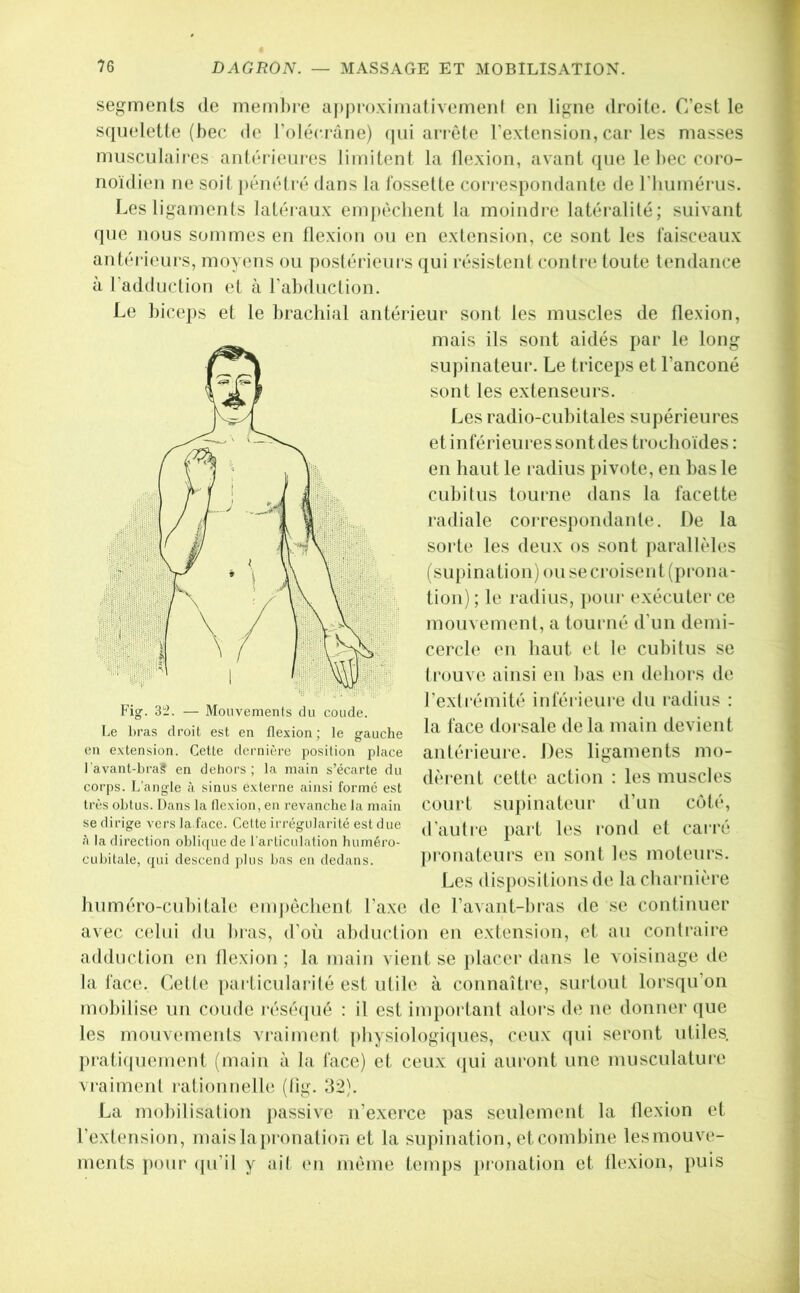 segments de membre apiimximalivemeni en ligne droite. C’est le sqiieletle (bec de roléci’âne) ()ui arrêle l’extension, car les masses musculaires antéi’ieures limitent la flexion, avant que le bec coro- noïdien ne soit j)énétré dans la fossette correspondante de rtiumérus. Les ligaments latéi aux em|)èclient la moindre latéi‘alité; suivant que nous sommes en flexion ou en extension, ce sont les faisceaux antérieurs, moyens ou postérieurs qui résistent contre toute tendance à l’adduction et à rabduction. Le biceps et le brachial antérieur sont les muscles de flexion, mais ils sont aidés par le long supinateur. Le triceps et l’anconé sont les extenseurs. Les radio-cubitales supérieures et inférieures sontdes troclioïdes : en haut le radius pivote, en bas le cubitus tourne dans la facette radiale correspondante. De la sorte les deux os sont parallèles (su[)inatioii) ou se croisent (prona- tion) ; le radius, i)our exécuter ce mouvement, a toui né d’un demi- cercle eu haut et le cubitus se trouve ainsi en bas en dehors de l’extrémité inférieure du radius : la face dorsale de la main devient gauche Le l)i-as droit est en flexion ; le en extension. Cette dernière position place l'avant-braS en dehors; la main s’écarte du corps. L’angle à sinus externe ainsi forme est très obtus. Dans la flexion, en revanche la main se dirige vers la face. Cette irrégularité est due A la direction oblique de l'articulation huméro- cubitale, qui descend j)lus bas en dedans. antérieure. Des ligaments mo- dèrent cette action : les muscles court supinateur d’un côté, d’aulre part les rond et carré jironateurs en sont les moleurs. Les dispositions de la charnière huméro-cubitale emjtèchenl l’axe de l’avant-bras de se continuer avec celui du bras, d’où abduction en extension, et au contraire adduction en flexion; la main vient se placer dans le voisinage de la face. Cetle particularité est utile à connaître, surtout lorsqu’on mobilise un coude réséipié : il est important alors de ne donner que les mouvements vraiment jihysiologiipies, ceux (jui seront idiles, pi‘ati(iuement (main à la face) et ceux (]ui auront une musculature vraiment rationnelle (fig. 32). La mobilisation passive n’exerce pas seulemenl la flexion et l’extension, maislapronation et la supination, etcombine lesmouve- ments pour (pi’il y ait en même temps proiiation et flexion, puis