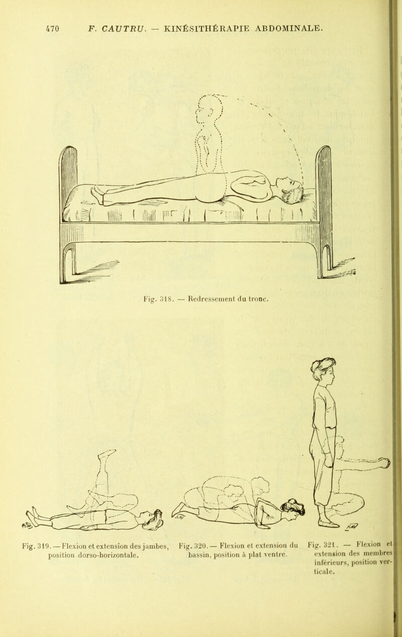319. — Flexion et extension des jambes, Fig.320.— Flexion et extension du Fig. 321. — Flexion et position dorso-horizontale. bassin, position à plat ventre. extension des membres inférieurs, position ver ticale.