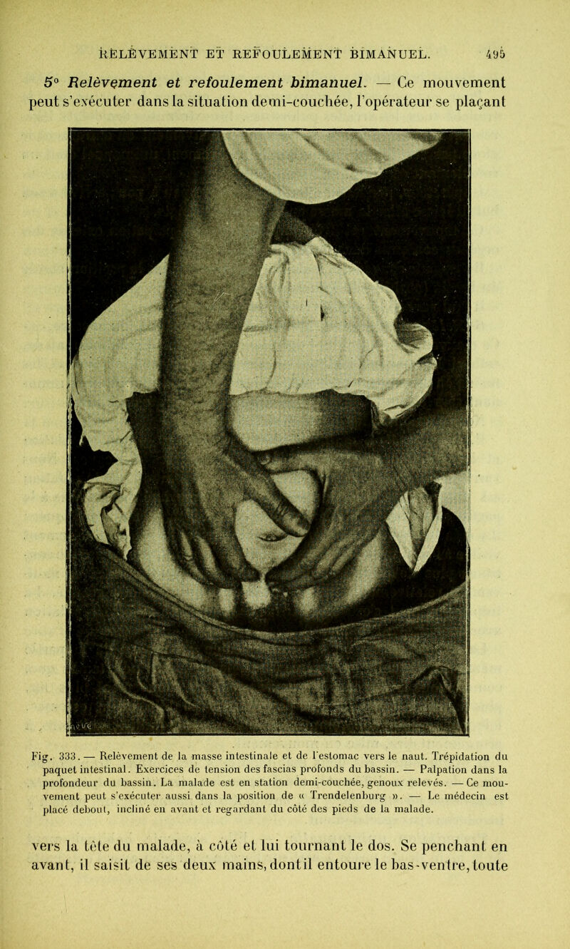 5® Relèvement et refoulement bimanueL — Ce mouvement peut s’exécuter dans la situation demi-couchée, l’opérateur se plaçant Fig. 333. — Relèvement de la masse intestinale et de l'estomac vers le naut. Trépidation du paquet intestinal. Exercices de tension desfascias profonds du bassin. — Palpation dans la profondeur du bassin. La malade est en station demi-couchée, genoux relevés. —Ce mou- vement peut s’exécuter aussi dans la position de « Trendelenburg ». — Le médecin est placé debout, incliné en avant et regardant du côté des pieds de la malade. vers la tète du malade, à côté et lui tournant le dos. Se penchant en avant, il saisit de ses deux mains, dont il entoure le bas-ventre, toute