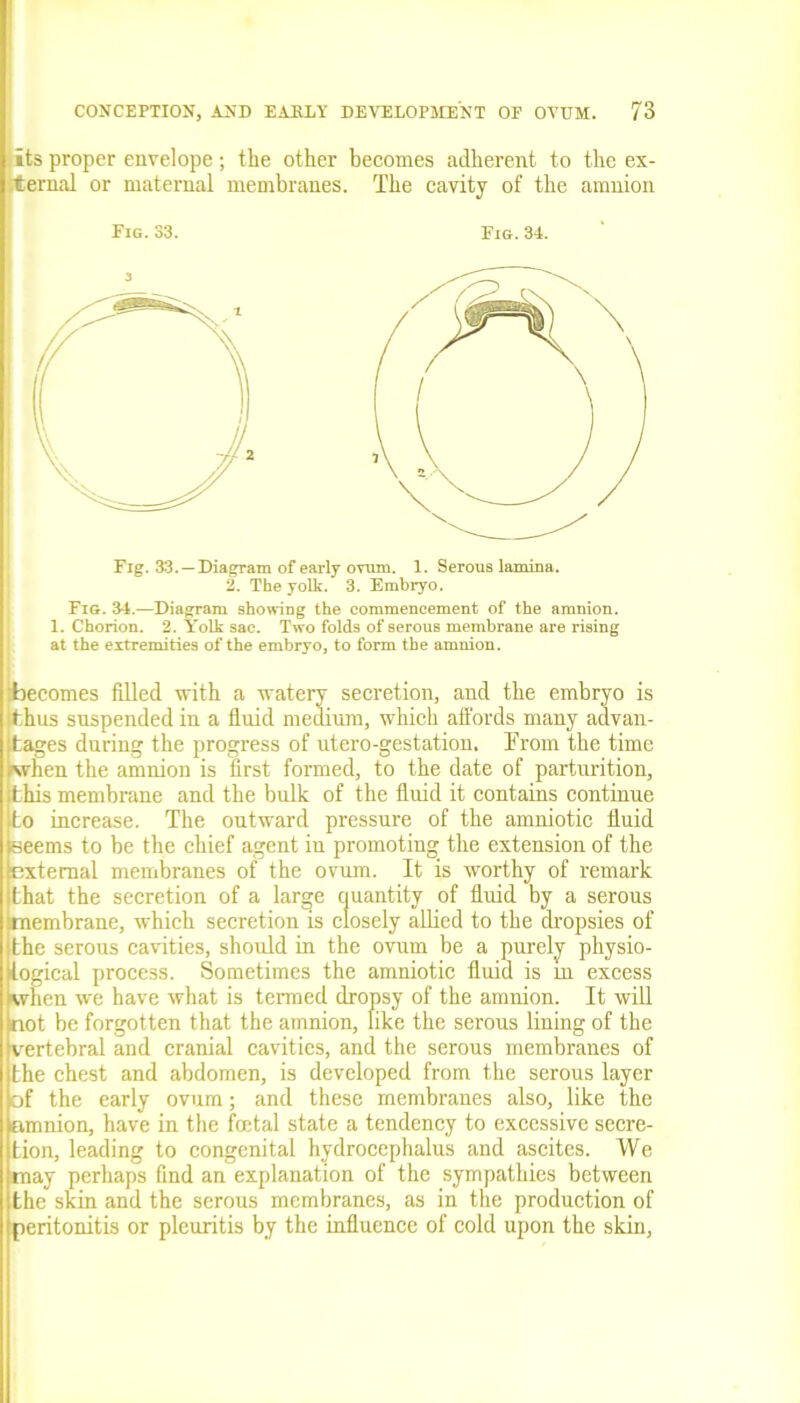 its )i'oper envelope; the other becomes adherent to the ex- it ernal or maternal membranes. The cavity of the amnion Fig. 33. Fig. 34. Fig. 33.—Diagram of early ovum. 1. Serous lamina. 2. The yolk. 3. Embryo. Fig. 34.—Diagram showing the commencement of the amnion. 1. Chorion. 2. Yolk sac. Two folds of serous membrane are rising at the extremities of the embryo, to form the amnion. becomes filled with a watery secretion, and the embryo is t hus suspended in a fluid medium, which affords many advan- tages during the progress of utero-gestation. From the time .when the amnion is first formed, to the date of parturition, this membrane and the built of the fluid it contains continue to increase. The outward pressure of the amniotic fluid seems to be the chief agent in promoting the extension of the external membranes of the ovum. It is worthy of remark that the secretion of a large quantity of fluid by a serous membrane, which secretion is closely allied to the dropsies of the serous cavities, should in the ovum be a purely physio- logical process. Sometimes the amniotic fluid is in excess when we have what is termed dropsy of the amnion. It will not be forgotten that the amnion, like the serous lining of the vertebral and cranial cavities, and the serous membranes of the chest and abdomen, is developed from the serous layer of the early ovum; and these membranes also, like the amnion, have in the foetal state a tendency to excessive secre- tion, leading to congenital hydrocephalus and ascites. We may perhaps find an explanation of the sympathies between the skin and the serous membranes, as in the production of peritonitis or pleuritis by the influence of cold upon the skin,