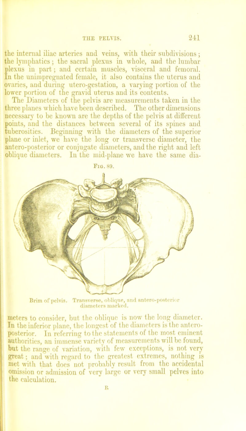 the internal iliac arteries and veins, with their subdivisions ; the lymphatics; the sacral plexus in whole, and the lumbar plexus in part; and certain muscles, visceral and femoral. In the unimpregnated female, it also contains the uterus and ovaries, and during utero-gestation, a varying portion of the lower portion of the gravid uterus and its contents. The Diameters of the pelvis are measurements taken in the three planes which have been described. The other dimensions necessary to be known are the depths of the pelvis at different points, and the distances between several of its spines and tuberosities. Beginning with the diameters of the superior plane or inlet, we have the long or transverse diameter, the antero-posterior or conjugate diameters, and the right and left oblique diameters. In the mid-plane we have the same dia- Fig.89. Brim of pelvis. Transverse, oblique, and antero-postcrinr diameters marked. meters to consider, but the oblique is now the long diameter. In the inferior plane, the longest of the diameters is the antero- posterior. In referring to the statements of the most eminent authorities, an immense variety of measurements will be found, but the range of variation, with few exceptions, is not very great; and with regard to the greatest extremes, nothing is met with that does not probably result from the accidental omission or admission of very large or very small pelves into the calculation. R