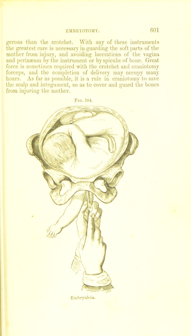 gerous than the crotchet. With any of these instruments the greatest care is necessary in guarding the soft parts of the mother from injury, and avoiding lacerations of the vagina and perinseum by the instrument or by spicule of bone. Great force is sometimes required with the crotchet and craniotomy forceps, and the completion of delivery may occupy many hours. As far as possible, it is a rule in craniotomy to save the scalp and integument, so as to cover and guard the bones from injuring the mother. Fig.184.