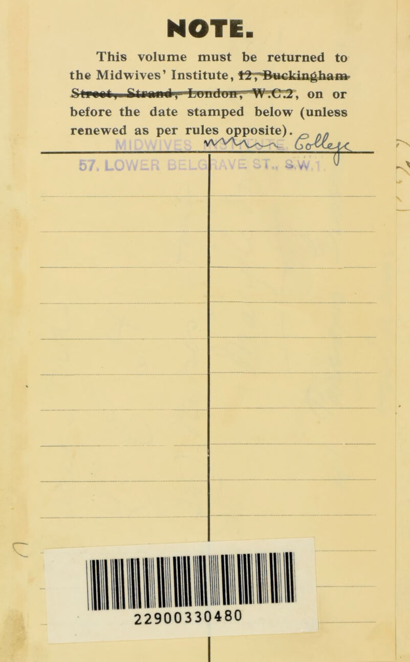 NOTE. This volume must be returned to the Midwives’ Institute, t27Buckinghan* Stxatj Stinaiui, London, W.C.2, on or before the date stamped below (unless