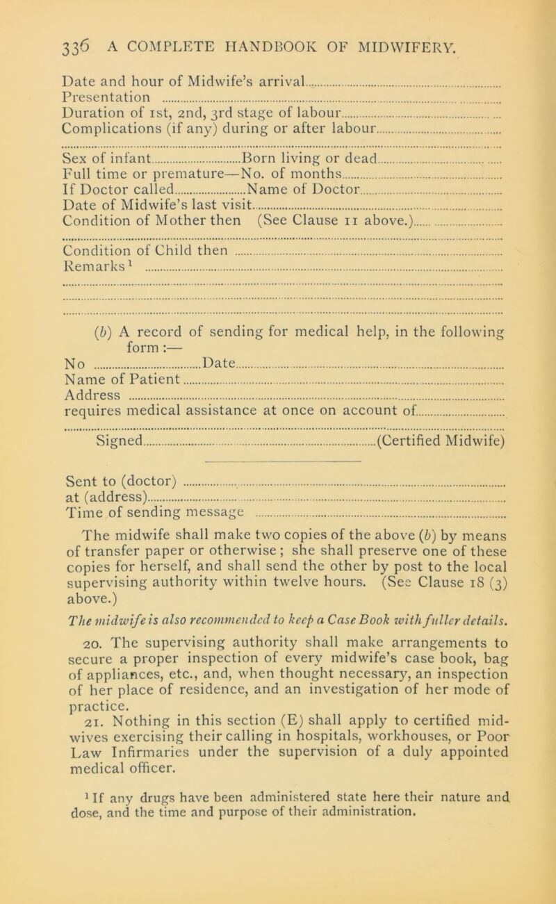 Date and hour of Midwife’s arrival Presentation Duration of ist, 2nd, 3rd stage of labour Complications (if any) during or after labour Sex of infant Born living or dead Full time or premature—No. of months If Doctor called Name of Doctor Date of Midwife’s last visit Condition of Mother then (See Clause n above.) Condition of Child then Remarks1 (.b) A record of sending for medical help, in the following form :— No Date Name of Patient Address requires medical assistance at once on account of Signed (Certified Midwife) Sent to (doctor) at (address) Time of sending message The midwife shall make two copies of the above (b) by means of transfer paper or otherwise ; she shall preserve one of these copies for herself, and shall send the other by post to the local supervising authority within twelve hours. (See Clause 1 8(3) above.) The midwife is also recommended to keep a Case Book with fuller details. 20. The supervising authority shall make arrangements to secure a proper inspection of every midwife’s case book, bag of appliances, etc., and, when thought necessary, an inspection of her place of residence, and an investigation of her mode of practice. 21. Nothing in this section (E) shall apply to certified mid- wives exercising their calling in hospitals, workhouses, or Poor Law Infirmaries under the supervision of a duly appointed medical officer. 1 If any drugs have been administered state here their nature and dose, and the time and purpose of their administration.