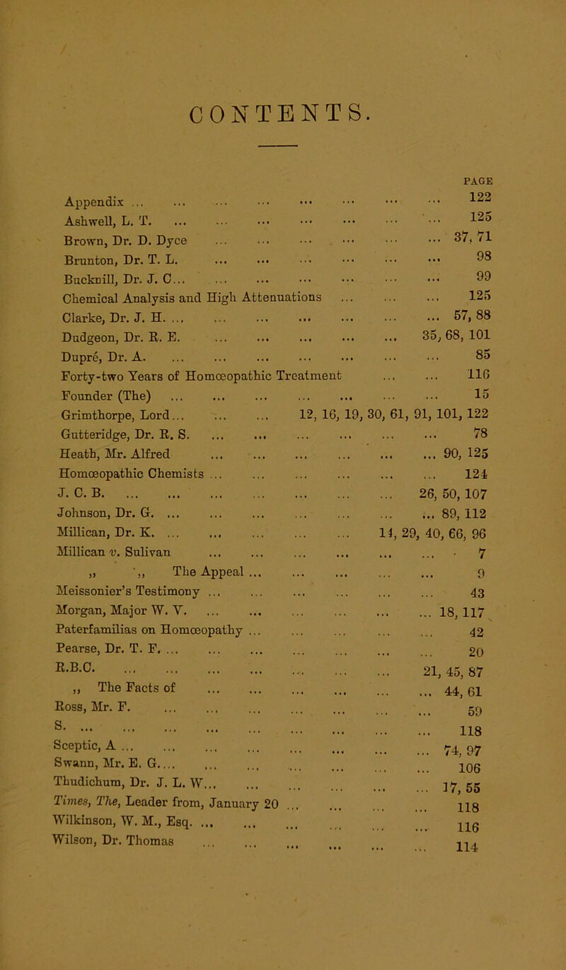 CONTENTS page Appendix ... 122 Ashwell, L. T 125 Brown, Dr. D. Dyce 37, 71 Brunton, Dr. T. L. 98 Bucknill, Dr. J. C... 99 Chemical Analysis and High Attenuations 125 Clarke, Dr. J. H. ... 57, 88 Dudgeon, Dr. R. E. 35,68,101 Dupre, Dr. A. ... ... ... 85 Forty-two Years of Homoeopathic Treatment 116 Founder (The) 15 Grimthorpe, Lord... ... ... 12,16,19, 30, 61, 91, 101, 122 Gutteridge, Dr. R. S. ... ... 78 Heath, Mr. Alfred 90, 125 Homoeopathic Chemists ... 124 J. C. B 26,50,107 Johnson, Dr. G. ... 89, 112 Millican, Dr. K. ... 14, 29, 40, 66, 96 Millican v. Sulivan 7 „ The Appeal 9 Meissonier’s Testimony ... 43 Morgan, Major W. V. 18,117 Paterfamilias on Homoeopathy ... 42 Pearse, Dr. T. F. ... 20 R.B.C 21,45,87 „ The Facts of 44, 61 Ross, Mr. F. 59 S 118 Sceptic, A 74, 97 Swann, Mr. E, G 106 Thudichum, Dr. J. L. W... 17,55 Times, The, Leader from, January 20 118 Wilkinson, W. M., Esq 116 Wilson, Dr. Thomas 114