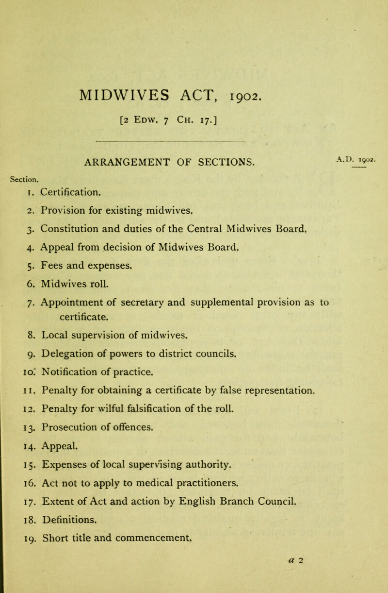 [2 Edw. 7 Ch. 17.] ARRANGEMENT OF SECTIONS. a.d^o2. Section. 1. Certification. 2. Provision for existing midwives. 3. Constitution and duties of the Central Midwives Board. 4. Appeal from decision of Midwives Board. 5. Fees and expenses. 6. Midwives roll. 7. Appointment of secretary and supplemental provision as to certificate. 8. Local supervision of midwives. 9. Delegation of powers to district councils. 10. * Notification of practice. 11. Penalty for obtaining a certificate by false representation. 12. Penalty for wilful falsification of the roll. 13. Prosecution of offences. 14. Appeal. 15. Expenses of local supervising authority. 16. Act not to apply to medical practitioners. 17. Extent of Act and action by English Branch Council. 18. Definitions. 19. Short title and commencement.