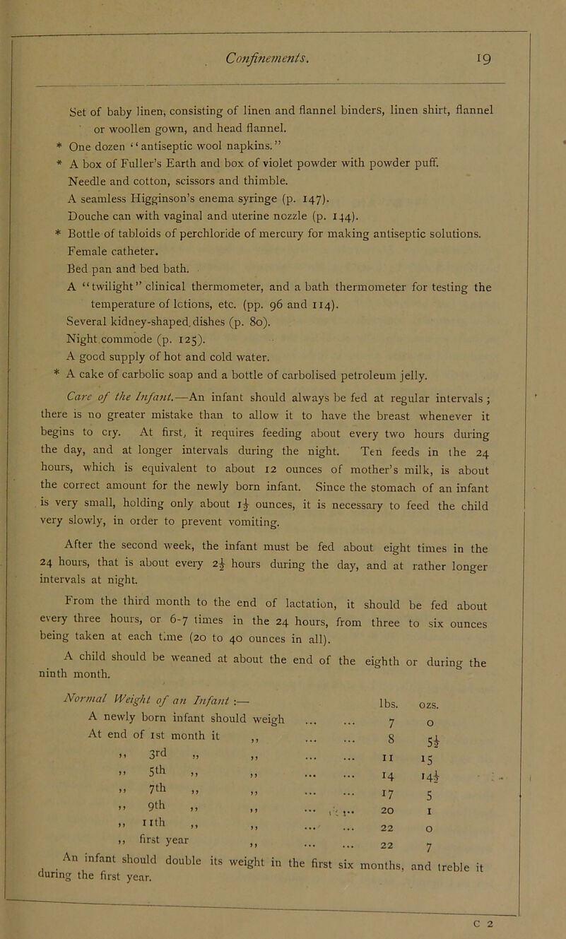 Set of baby linen, consisting of linen and flannel binders, linen shirt, flannel or woollen gown, and head flannel. * One dozen “antiseptic wool napkins.” * A box of Fuller’s Earth and box of violet powder with powder puff. Needle and cotton, scissors and thimble. A seamless Higginson’s enema syringe (p. 147). Douche can with vaginal and uterine nozzle (p. 144). * Bottle of tabloids of perchloride of mercury for making antiseptic solutions. Female catheter. Bed pan and bed bath. A “ twilight ” clinical thermometer, and a bath thermometer for testing the temperature of lotions, etc. (pp. 96 and 114). Several kidney-shaped, dishes (p. 80). Night commode (p. 125). A good supply of hot and cold water. * A cake of carbolic soap and a bottle of carbolised petroleum jelly. Care of the Infant.—An infant should always be fed at regular intervals ; there is no greater mistake than to allow it to have the breast whenever it begins to cry. At first, it requires feeding about every two hours during the day, and at longer intervals during the night. Ten feeds in the 24 hours, which is equivalent to about 12 ounces of mother’s milk, is about the correct amount for the newly born infant. Since the stomach of an infant is very small, holding only about ounces, it is necessary to feed the child very slowly, in order to prevent vomiting. After the second week, the infant must be fed about eight times in the 24 hours, that is about every 2\ hours during the day, and at rather longer intervals at night. From the third month to the end of lactation, it should be fed about every three hours, or 6-7 limes in the 24 hours, from three to six ounces being taken at each time (20 to 40 ounces in all). A child should be weaned at about the end of the eighth or during the ninth month. Normal Weight of an Infant :— lbs. ozs. A newly born infant should weigh 7 0 At end of 1st month it ,, S a >< 3rd „ 11 J 2 15 >> 5th >! ,, »4 h ” 7th ” )> 17 5 ” >» ,, ... 20 1 » nth ,, „ ... ... 22 0 ,, first year ,, 22 7 ” j >1 ... 22 7 An infant should double its weight in the first six months, and treble it during the first year. c 2