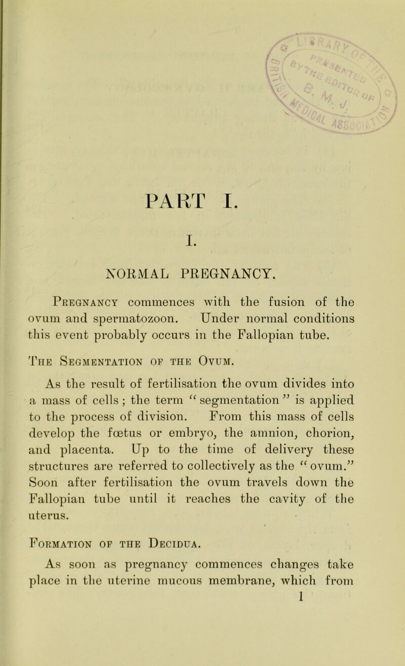 I. NORMAL PREGNANCY. Pregnancy commences with the fusion of the ovum and spermatozoon. Under normal conditions this event probably occurs in the Fallopian tube. The Segmentation oe the Ovum. As the result of fertilisation the ovum divides into a mass of cells; the term “ segmentation ” is applied to the process of division. From this mass of cells develop the foetus or embryo, the amnion, chorion, and placenta. Up to the time of delivery these structures are referred to collectively as the “ovum.” Soon after fertilisation the ovum travels down the Fallopian tube until it reaches the cavity of the uterus. Formation of the Decidua. As soon as pregnancy commences changes take place in the uterine mucous membrane, which from 1