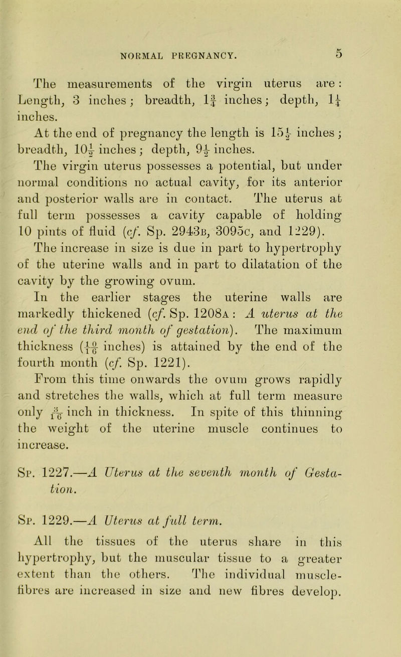 The measurements of the virgin uterus are: Length, 3 inches; breadth, 1J inches; depth, 1^ inches. At the end of pregnancy the length is 15 J- inches ; breadth, 10^- inches ; depth, 9^- inches. The virgin uterus possesses a potential, but under normal conditions no actual cavity, for its anterior and posterior walls are in contact. The uterus at full term possesses a cavity capable of holding 10 pints of fluid (cf. Sp. 2943b, 3095c, and 1229). The increase in size is due in part to hypertrophy of the uterine walls and in part to dilatation of: the cavity by the growing ovum. In the earlier stages the uterine walls are markedly thickened (cf. Sp. 1208a : A uterus at the end of the third month of gestation). The maximum thickness inches) is attained by the end of the fourth month (cf. Sp. 1221). From this time onwards the ovum grows rapidly and stretches the walls, which at full term measure only inch in thickness. In spite of this thinning the weight of the uterine muscle continues to increase. Sp. 1227.—A Uterus at tlie seventh month of Gesta- tion. Sp. 1229.—A Uterus at full term. All the tissues of the uterus share in this hypertrophy, but the muscular tissue to a greater extent than the others. The individual muscle- fibres are increased in size and new fibres develop.