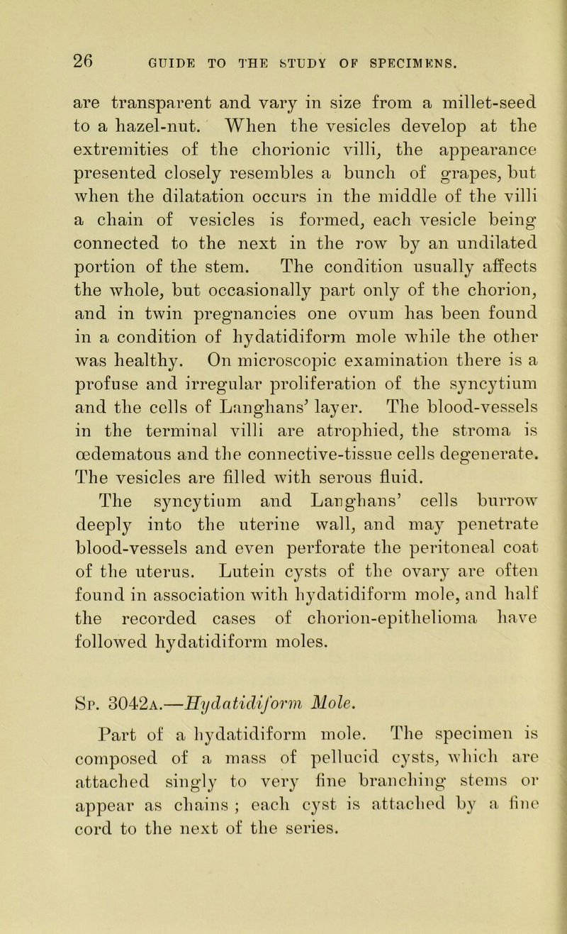 are transparent and vary in size from a millet-seed to a hazel-nut. When the vesicles develop at the extremities of the chorionic villi, the appearance presented closely resembles a bunch of grapes, but when the dilatation occurs in the middle of the villi a chain of vesicles is formed, each vesicle being connected to the next in the row by an undilated portion of the stem. The condition usually affects the whole, but occasionally part only of the chorion, and in twin pregnancies one ovum has been found in a condition of hydatidiform mole while the other was healthy. On microscopic examination there is a pi'ofuse and irregular proliferation of the syncytium and the cells of Langlians’ layer. The blood-vessels in the terminal villi are atrophied, the stroma is oedematous and the connective-tissue cells degenerate. The vesicles are filled with serous fluid. The syncytium and Langhans’ cells burrow deeply into the uterine wall, and may penetrate blood-vessels and even perforate the peritoneal coat of the uterus. Lutein cysts of the ovary are often found in association with hydatidiform mole, and half the recorded cases of chorion-epithelioma have followed hydatidiform moles. Sp. 3042a.—Hydatidiform Mole. Part of a hydatidiform mole. The specimen is composed of a mass of pellucid cysts, which are attached singly to very line branching stems or appear as chains ; each cyst- is attached by a fine cord to the next of the series.