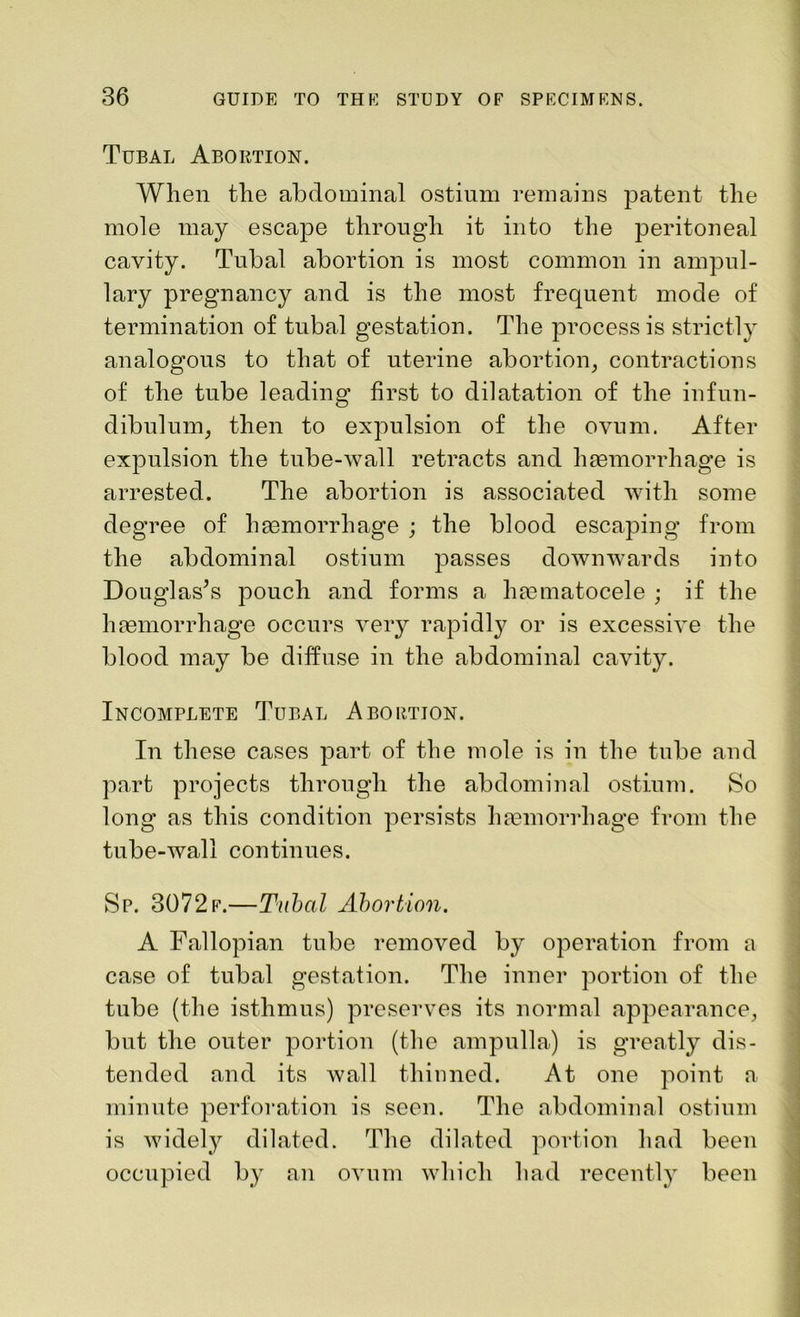 Tubal Abortion. When the abdominal ostium remains patent the mole may escape through it into the peritoneal cavity. Tubal abortion is most common in ampul- lary pregnancy and is the most frequent mode of termination of tubal gestation. The process is strictly analogous to that of uterine abortion, contractions of the tube leading first to dilatation of the infun- dibulum, then to expulsion of the ovum. After expulsion the tube-wall retracts and haemorrhage is arrested. The abortion is associated with some degree of haemorrhage ; the blood escaping from the abdominal ostium passes downwards into Douglas's pouch and forms a haematocele ; if the haemorrhage occurs very rapidly or is excessive the blood may be diffuse in the abdominal cavity. Incomplete Tubal Abortion. In these cases part of the mole is in the tube and part projects through the abdominal ostium. So long as this condition persists haemorrhage from the tube-wall continues. Sp. 3072f.—Tubal Abortion. A Fallopian tube removed by operation from a case of tubal gestation. The inner portion of the tube (the isthmus) preserves its normal appearance, but the outer portion (the ampulla) is greatly dis- tended and its wall thinned. At one point a minute perforation is seen. The abdominal ostium is widely dilated. The dilated portion had been occupied by an ovum which had recently been