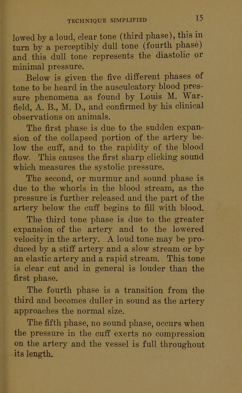 lowed by a loud, clear tone (third phase), this in turn by a perceptibly dull tone (fourth phase) and this dull tone represents the diastolic or minimal pressure. Below is given the five different phases of tone to be heard in the ausculcatory blood pres- sure phenomena as found by Louis M. War- field, A. B., M. E>., and confirmed by his clinical observations on animals. The first phase is due to the sudden expan- sion of the collapsed portion of the artery be- low the cuff, and to the rapidity of the blood flow. This causes the first sharp clicking sound which measures the systolic pressure. The second, or murmur and sound phase is due to the whorls in the blood stream, as the pressure is further released and the part of the artery below the cuff begins to fill with blood. The third tone phase is due to the greater expansion of the artery and to the lowered velocity in the artery. A loud tone may be pro- duced by a stiff artery and a slow stream or by an elastic artery and a rapid stream. This tone is clear cut and in general is louder than the first phase. The fourth phase is a transition from the third and becomes duller in sound as the artery approaches the normal size. The fifth phase, no sound phase, occurs when the pressure in the cuff exerts no compression on the artery and the vessel is full throughout its length.