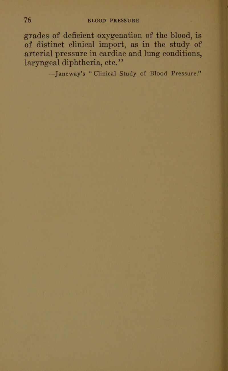 grades of deficient oxygenation of the blood, is of distinct clinical import, as in the study of arterial pressure in cardiac and lung conditions, laryngeal diphtheria, etc.” —Janeway’s “ Clinical Study of Blood Pressure.”