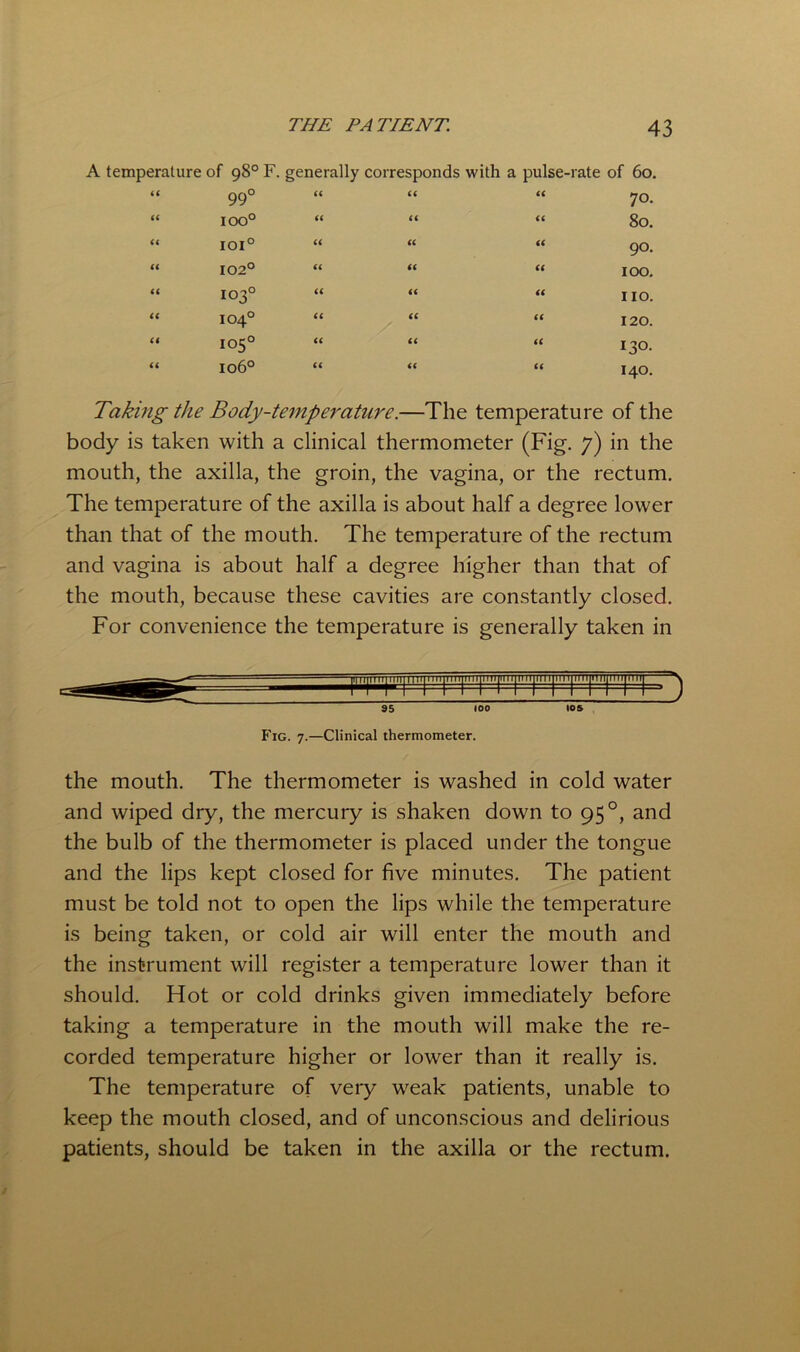 A temperature of 98° F. generally corresponds with a pulse-rate of 60. i 99° 100° 101° 102° 103° 104® 105° 106° it 70, it 80. ft 90, u it 100, <i ft no, u ft 120. tt ft 130. ft 140. Taking the Body-temperature.—The temperature of the body is taken with a clinical thermometer (Fig. 7) in the mouth, the axilla, the groin, the vagina, or the rectum. The temperature of the axilla is about half a degree lower than that of the mouth. The temperature of the rectum and vagina is about half a degree higher than that of the mouth, because these cavities are constantly closed. For convenience the temperature is generally taken in 35 100 Fig. 7.—Clinical thermometer. the mouth. The thermometer is washed in cold water and wiped dry, the mercury is shaken down to 95°, and the bulb of the thermometer is placed under the tongue and the lips kept closed for five minutes. The patient must be told not to open the lips while the temperature is being taken, or cold air will enter the mouth and the instrument will register a temperature lower than it should. Hot or cold drinks given immediately before taking a temperature in the mouth will make the re- corded temperature higher or lower than it really is. The temperature of very weak patients, unable to keep the mouth closed, and of unconscious and delirious patients, should be taken in the axilla or the rectum.