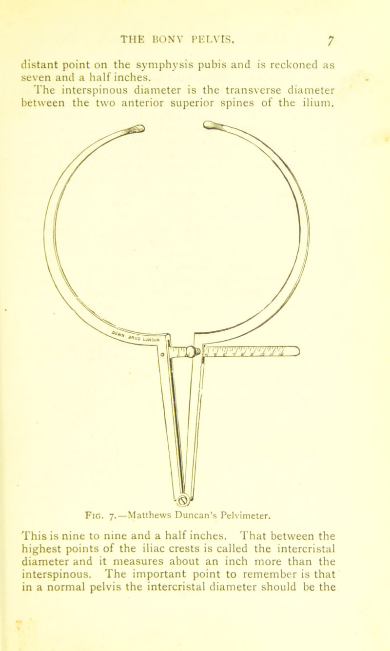 distant point on the symphysis pubis and is reckoned as seven and a half inches. The interspinous diameter is the transverse diameter between the two anterior superior spines of the ilium. This is nine to nine and a half inches. That between the highest points of the iliac crests is called the intercristal diameter and it measures about an inch more than the interspinous. The important point to remember is that in a normal pelvis the intercristal diameter should be the