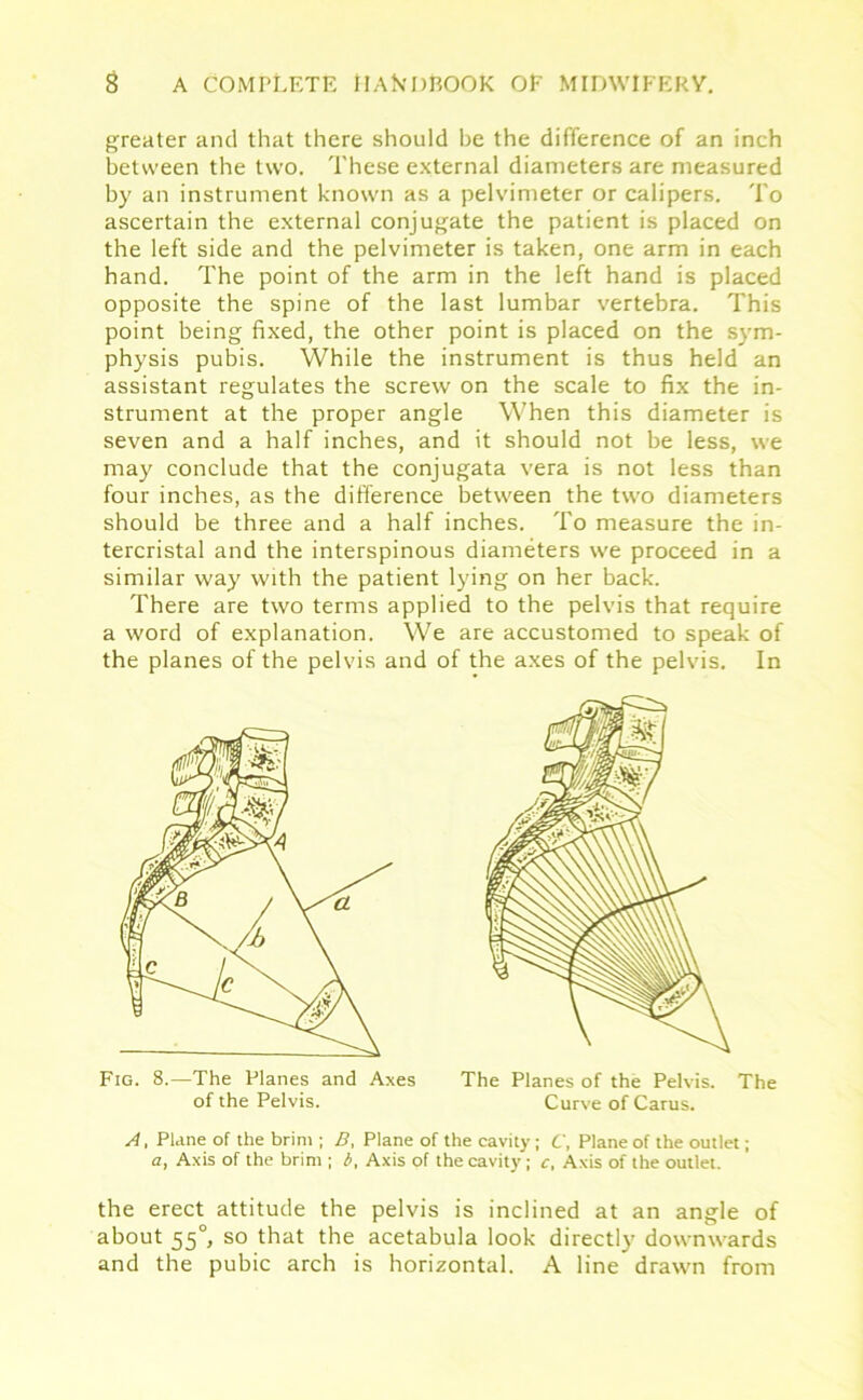greater and that there should be the difference of an inch between the two. These external diameters are measured by an instrument known as a pelvimeter or calipers. To ascertain the external conjugate the patient is placed on the left side and the pelvimeter is taken, one arm in each hand. The point of the arm in the left hand is placed opposite the spine of the last lumbar vertebra. This point being fixed, the other point is placed on the sym- physis pubis. While the instrument is thus held an assistant regulates the screw on the scale to fix the in- strument at the proper angle When this diameter is seven and a half inches, and it should not be less, we may conclude that the conjugata vera is not less than four inches, as the difference between the two diameters should be three and a half inches. To measure the in- tercristal and the interspinous diameters we proceed in a similar way with the patient lying on her back. There are two terms applied to the pelvis that require a word of explanation. We are accustomed to speak of the planes of the pelvis and of the axes of the pelvis. In Fig. 8.—The Planes and Axes The Planes of the Pelvis. The A, Plane of the brim ; B, Plane of the cavity; C, Plane of the outlet; a, Axis of the brim ; b, Axis of the cavity; c, Axis of the outlet. the erect attitude the pelvis is inclined at an angle of about 550, so that the acetabula look directly downwards and the pubic arch is horizontal. A line drawn from of the Pelvis. Curve of Carus.
