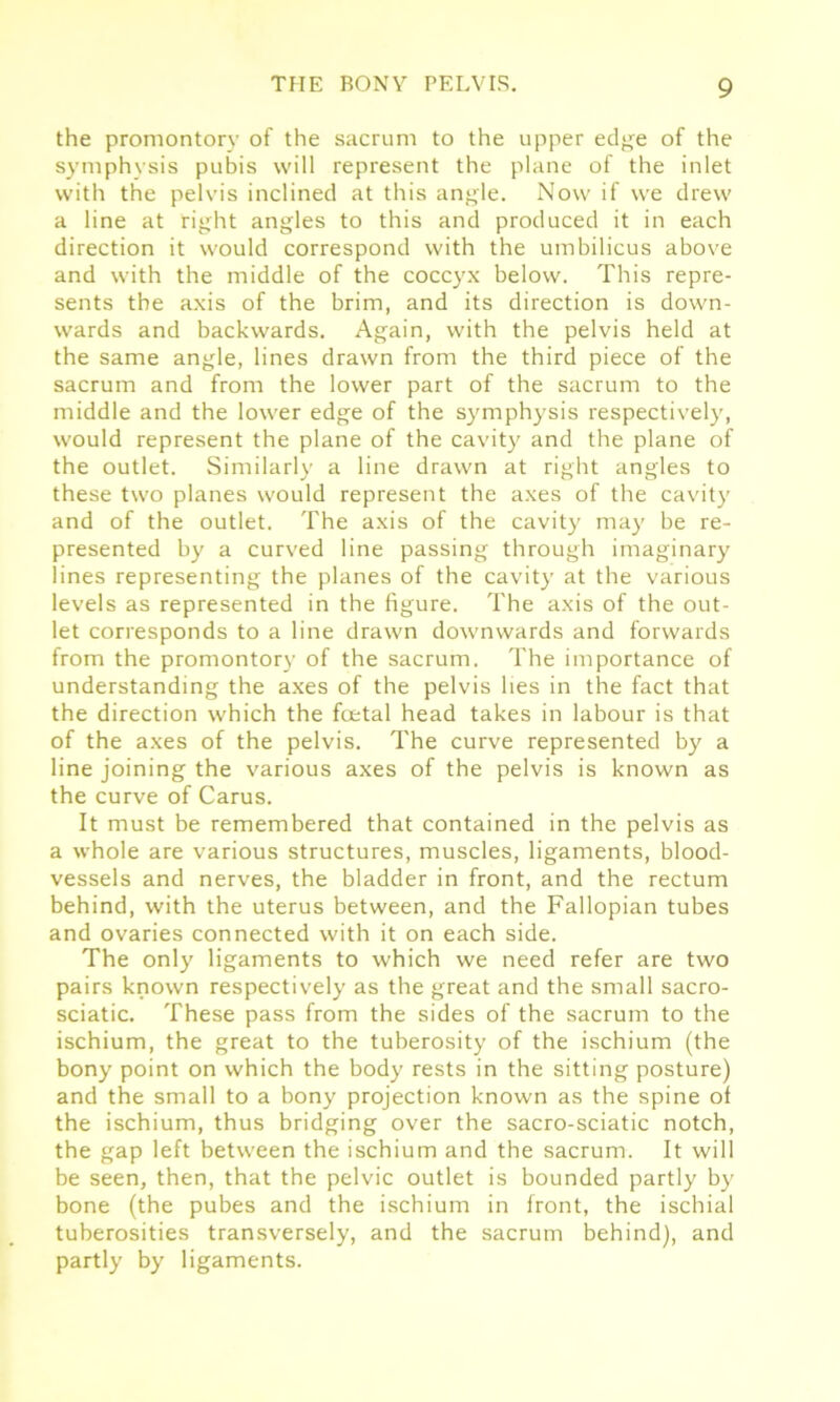 the promontory of the sacrum to the upper edge of the symphysis pubis will represent the plane of the inlet with the pelvis inclined at this angle. Now if we drew a line at right angles to this and produced it in each direction it would correspond with the umbilicus above and with the middle of the coccyx below. This repre- sents the axis of the brim, and its direction is down- wards and backwards. Again, with the pelvis held at the same angle, lines drawn from the third piece of the sacrum and from the lower part of the sacrum to the middle and the lower edge of the symphysis respectively, would represent the plane of the cavity and the plane of the outlet. Similarly a line drawn at right angles to these two planes would represent the axes of the cavity and of the outlet. The axis of the cavity may be re- presented by a curved line passing through imaginary lines representing the planes of the cavity at the various levels as represented in the figure. The axis of the out- let corresponds to a line drawn downwards and forwards from the promontory of the sacrum. The importance of understanding the axes of the pelvis lies in the fact that the direction which the foetal head takes in labour is that of the axes of the pelvis. The curve represented by a line joining the various axes of the pelvis is known as the curve of Carus. It must be remembered that contained in the pelvis as a whole are various structures, muscles, ligaments, blood- vessels and nerves, the bladder in front, and the rectum behind, with the uterus between, and the Fallopian tubes and ovaries connected with it on each side. The only ligaments to which we need refer are two pairs known respectively as the great and the small sacro- sciatic. These pass from the sides of the sacrum to the ischium, the great to the tuberosity of the ischium (the bony point on which the body rests in the sitting posture) and the small to a bony projection known as the spine of the ischium, thus bridging over the sacro-sciatic notch, the gap left between the ischium and the sacrum. It will be seen, then, that the pelvic outlet is bounded partly by bone (the pubes and the ischium in front, the ischial tuberosities transversely, and the sacrum behind), and partly by ligaments.